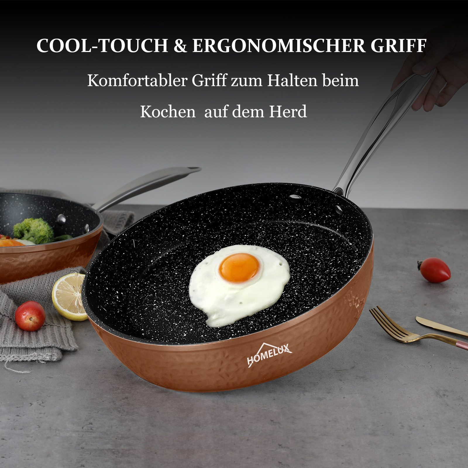 HOMELUX Topf-Set 15 tlg Topfset Induktion, Antihaftbeschichtung Töpfe mit Glasdeckel, Aluminium (Set, 24/28 cm Pfannen + 20/24/28 cm Kochtöpfe + 16cm Kasserolle – Bild 3 von 5