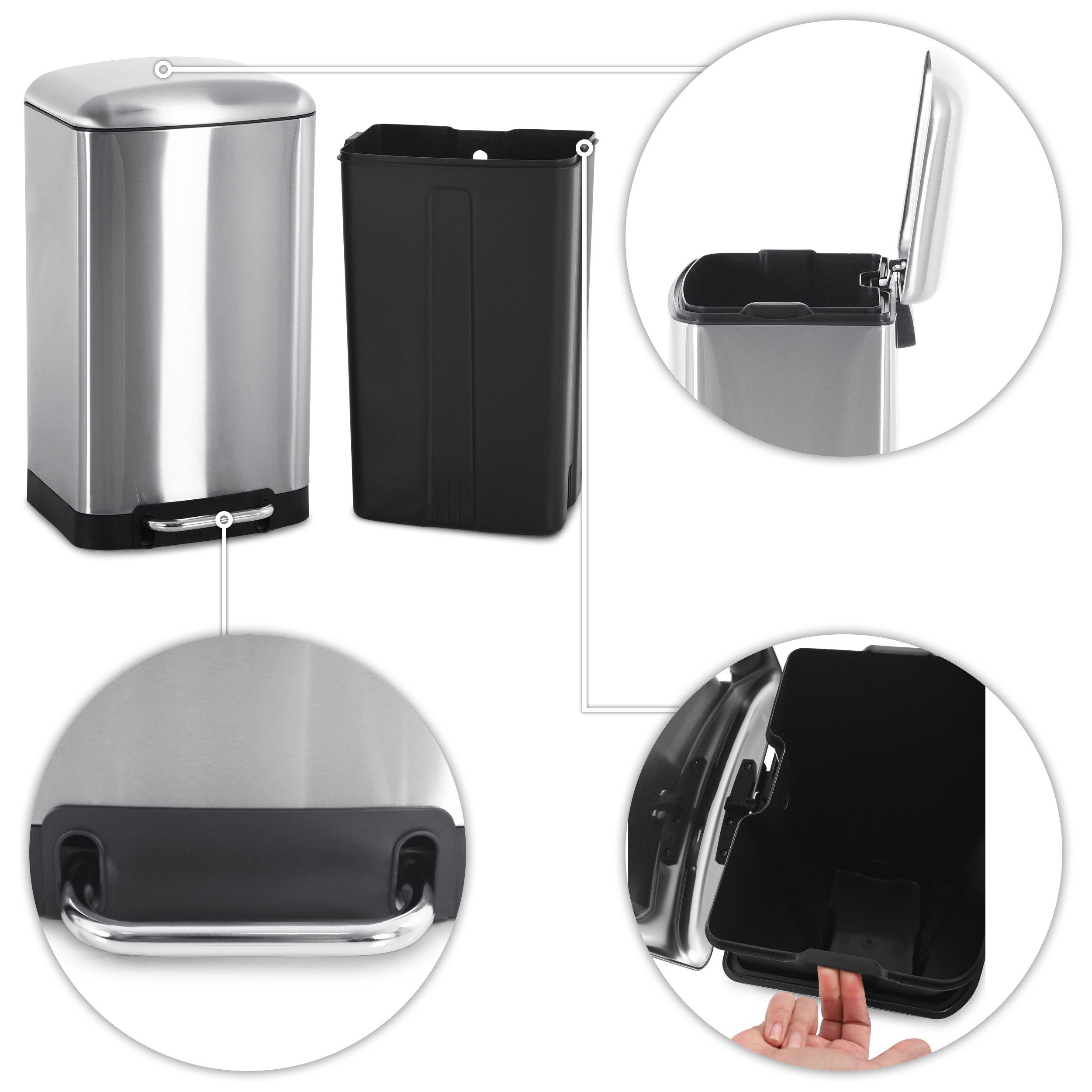 Raburg Mülleimer Abfalleimer 30 L – Treteimer mit Deckel & SoftClose, Modell Sammy, rechteckig, mit Inneneimer, hygienisch, langsam schließend