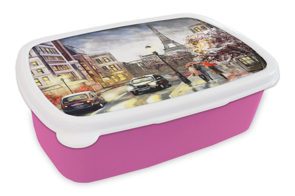 (2-tlg), Brotdose - rosa Lunchbox MuchoWow für Kunststoff, Frankreich Brotbox Erwachsene, - Snackbox, Kinder, Öl, Paris Mädchen, - Kunststoff Gemälde