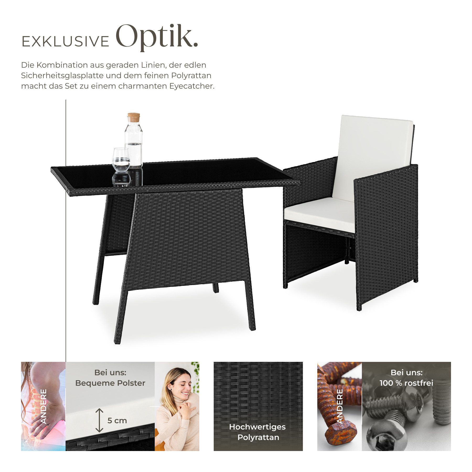 tectake Sitzgruppe Rattan Gartenlounge für 2 Personen, zusammenschiebbar, (Loungeset Lausanne, 3-tlg., für Außen in Schwarz), widerstandsfähig, UV-beständig, mit Sicherheitsglasplatte