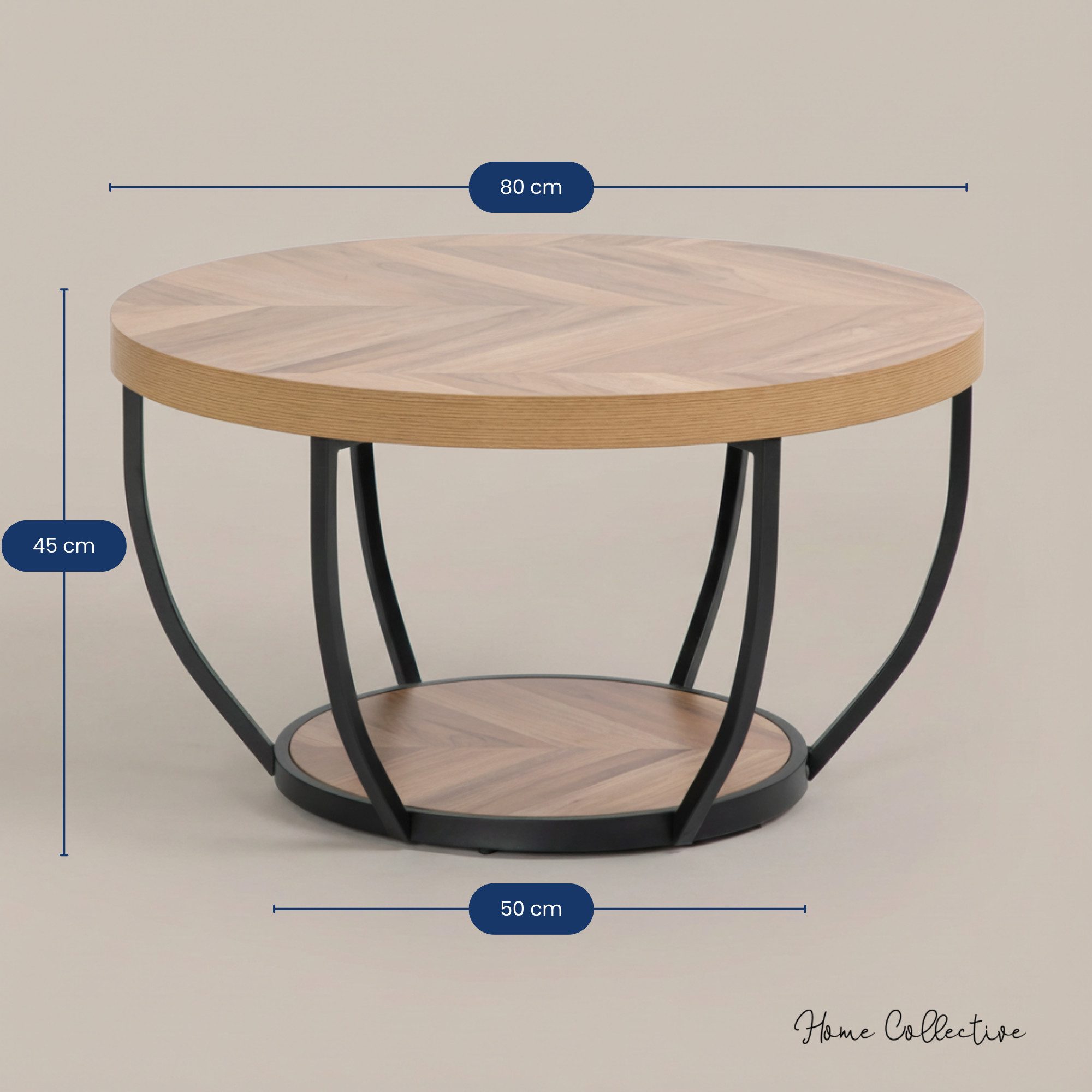 Home Collective Couchtisch Beistelltisch rund Ø 80 cm moderner Wohnzimmertisch mit 2 Ablagen (ideal als Büro Ablagetisch oder als Wohnzimmer Deko), hochwertiges Design mit Metallgestell, stabile Tischplatte, Eiche
