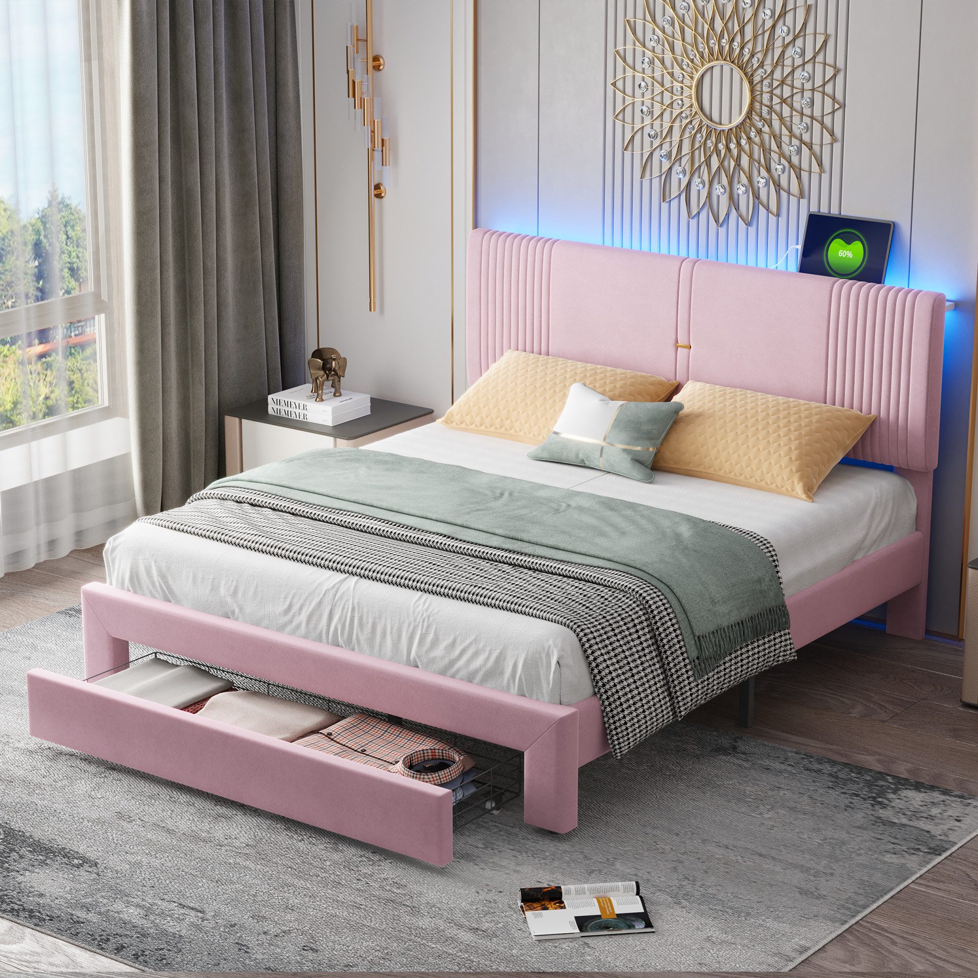 Flieks Polsterbett, LED Doppelbett 160x200cm mit 2 USB-Ladeanschlüsse und g günstig online kaufen