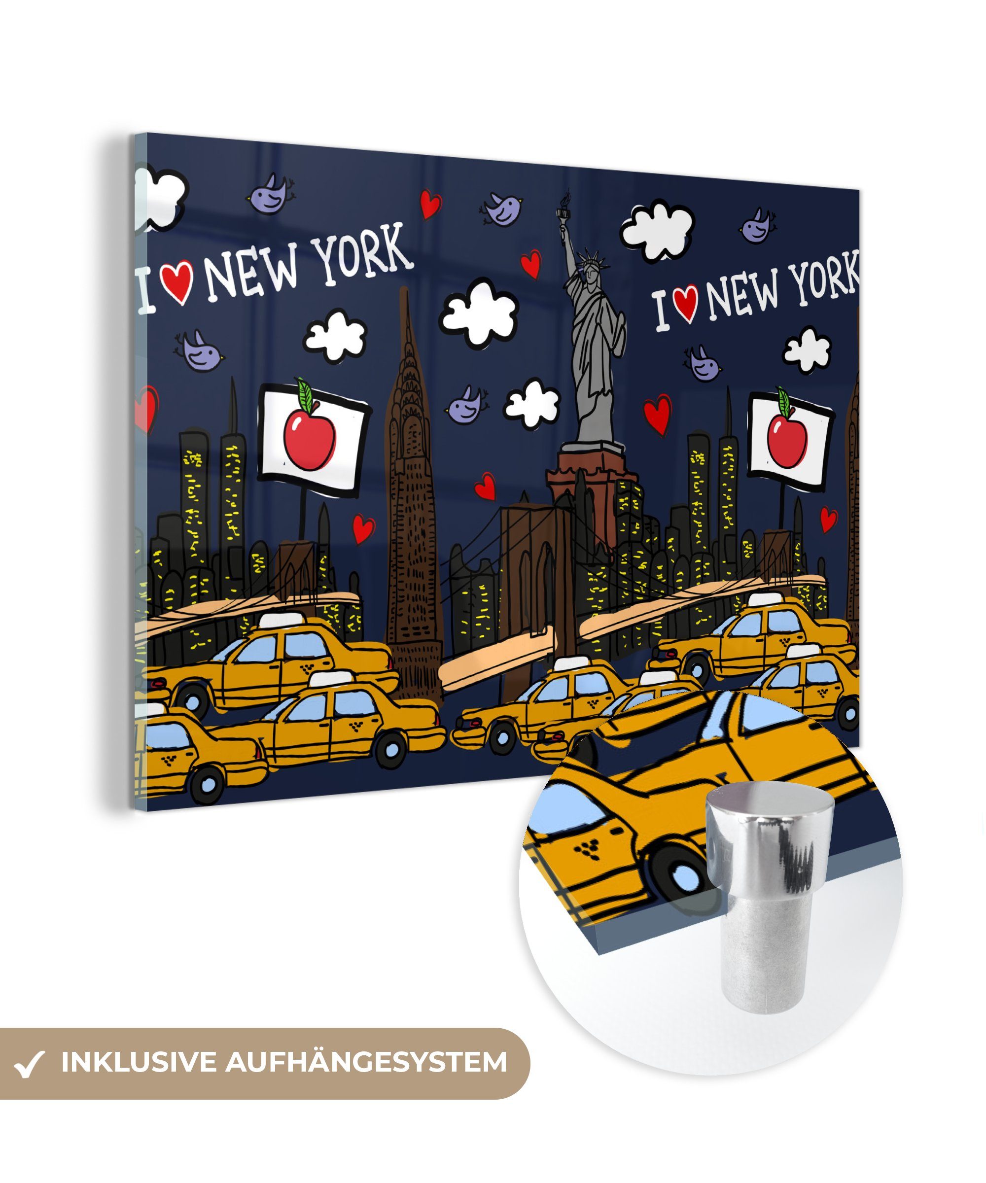 MuchoWow Acrylglasbild New York - Taxi - Freiheitsstatue, (1 St), Acrylglasbilder Wohnzimmer & Schlafzimmer