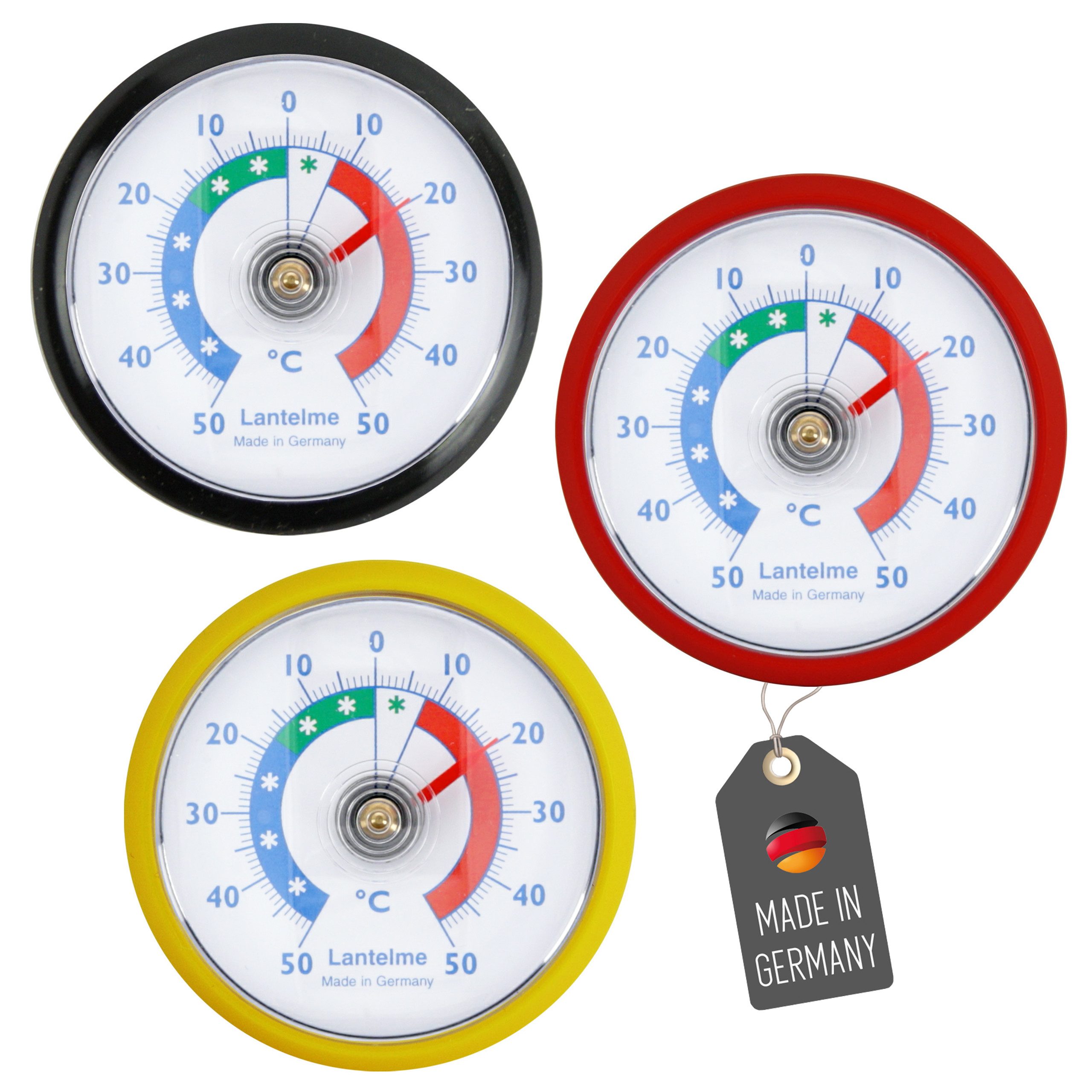 Lantelme Kühlschrankthermometer 3 Stück Selbstklebend Gefrierschrank Kühltheke Kühlschrank Thermometer, 3-tlg., 3 Stück im Set, Farbauswahl, Klebepads anbei, Deutsche Herstellung, Temperaturanzeige + - 50°C Analog