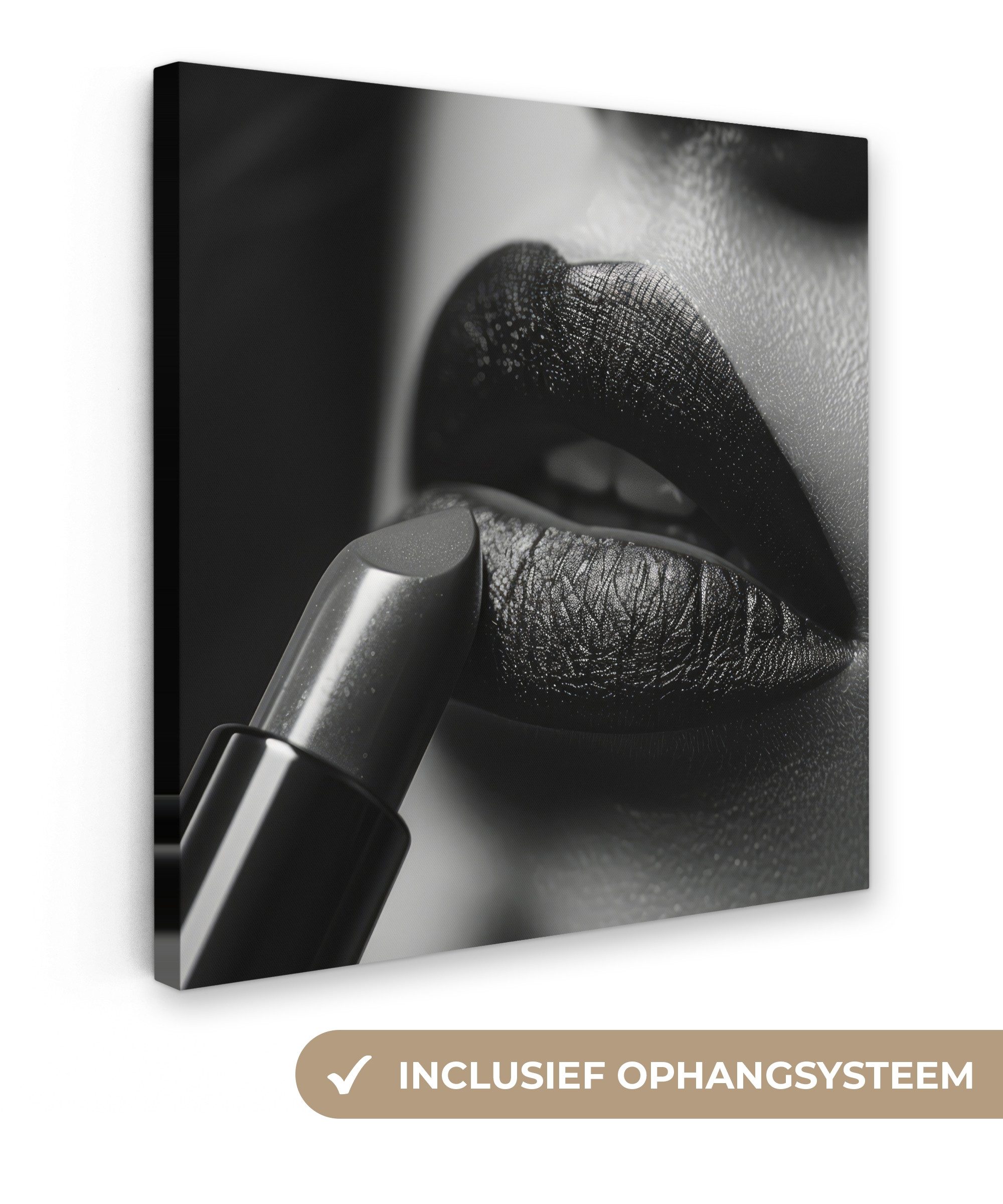 OneMillionCanvasses® Leinwandbild Frau - Lippenstift - Schwarz und weiß - Make-up, Fotodruck (1 St), Wandbild, Deko Schlafzimmer Wohnzimmer Flur 20x20 cm