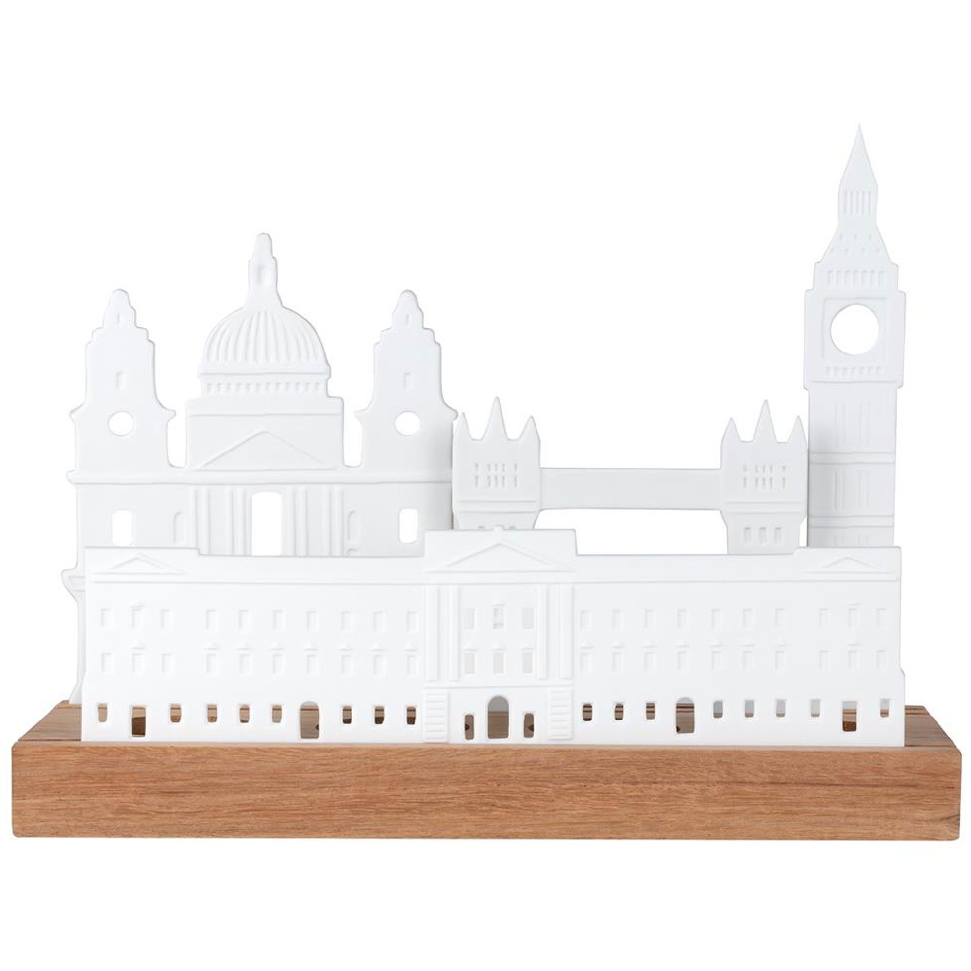 Räder Design Windlicht räder Lichtobjekt Stadtsilhouette London aus Akazienholz und Porzellan