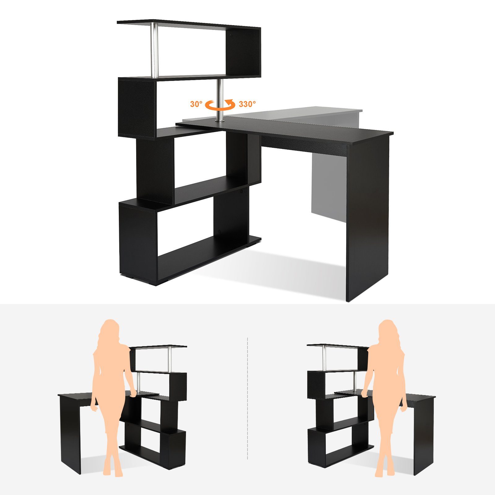 Schreibtisch, Computertisch, Mondeer Regal Eckschreibtisch Schwarz mit drehbarer