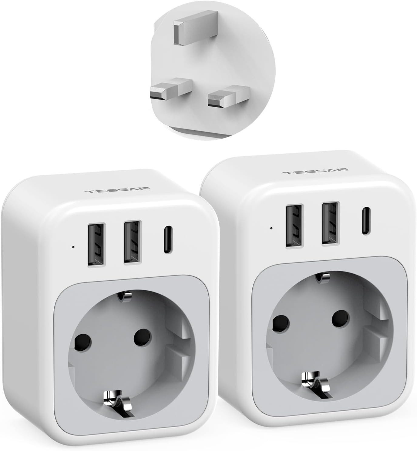 TESSAN 2 Stück klappbarer Reiseadapter für UK/US-Stecker in EU-Steckdosen Reiseadapter Typ G zu 2 USB Typ A, 1 AC, 1 USB Typ C, 2 Stück Non-Klappbarer Adapter, 4 in 1 Reiseadapter