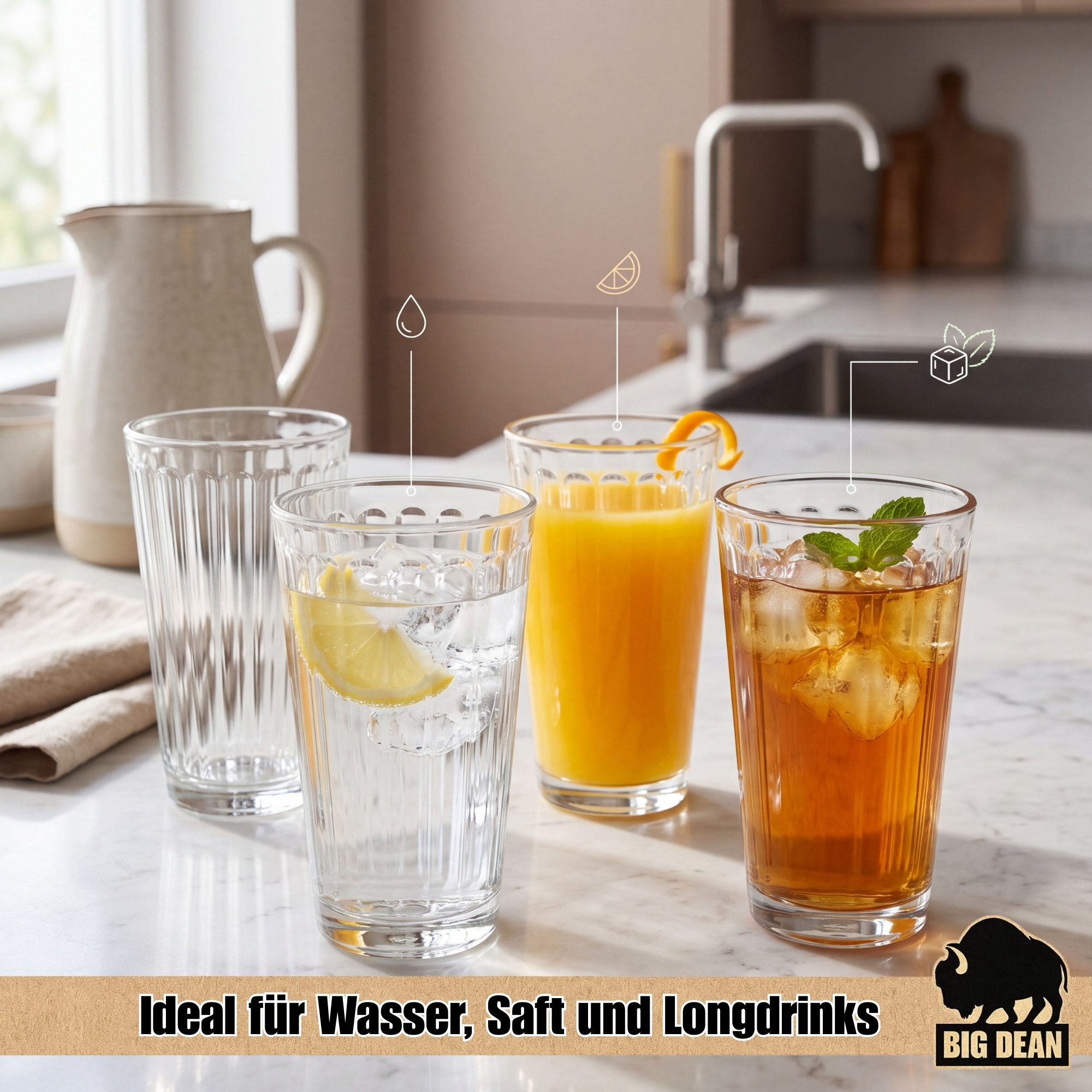 BigDean Longdrinkglas 6x Wassergläser 410ml - Ideal als Gin-, Longdrink- & Saftgläser, 6-tlg., Glas, Moderne Riffeloptik, einzigartige Haptik, Spülmaschinenfest – Bild 2 von 5