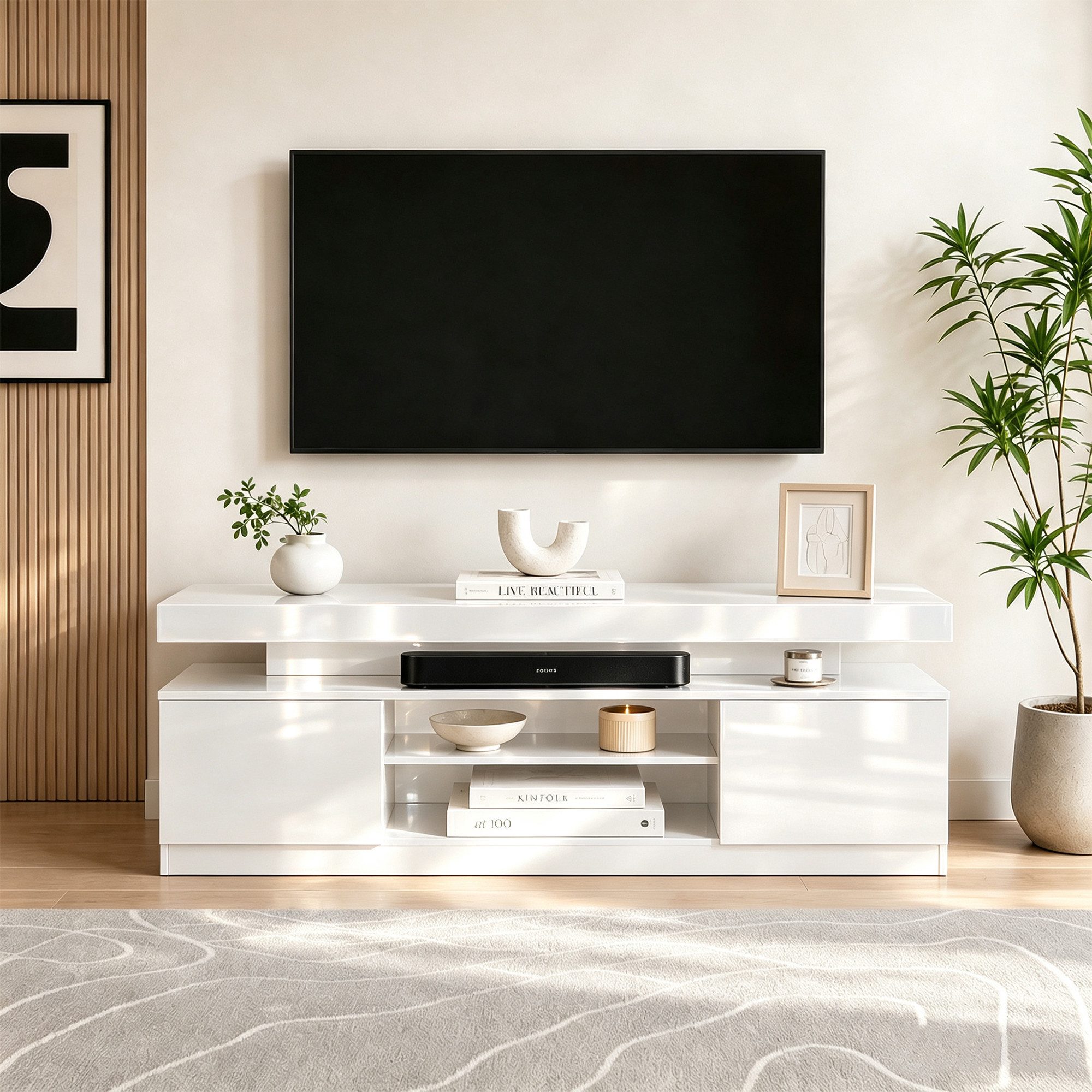 Sunsitt TV-Schrank 160 cm TV-Schrank (Weiß TV-Board mit 2 Fach, TV-Regal für Fernseher bis zu 65 Zoll) TV Kommode für Wohnzimmer, Esszimmer, Schlafzimmer, Weiß