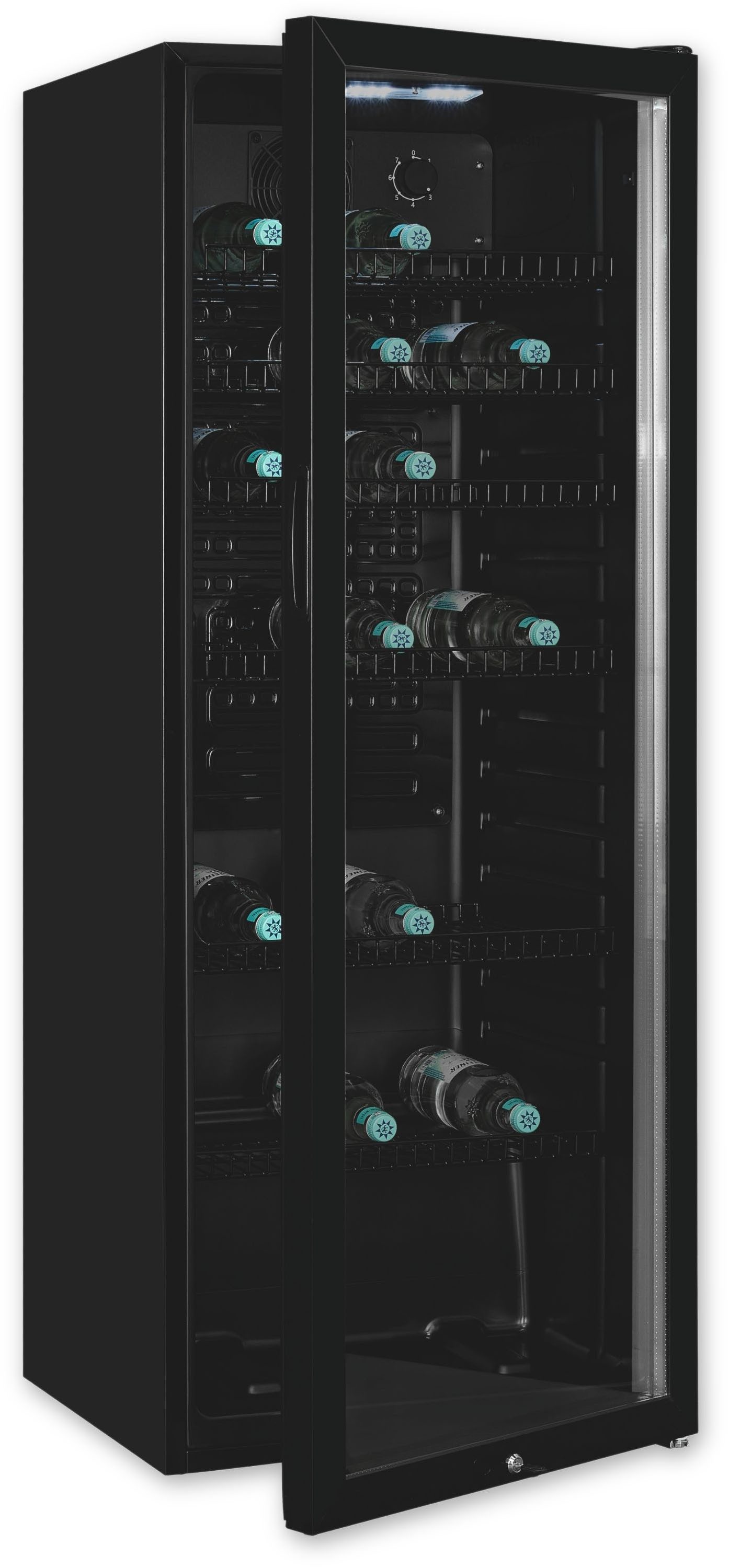 exquisit Getränkekühlschrank GKS240-GT-160C schwarz, 140 cm hoch, 54 cm breit, Alles auf einen Blick dank Isolierglastür zudem sehr energieeffizient