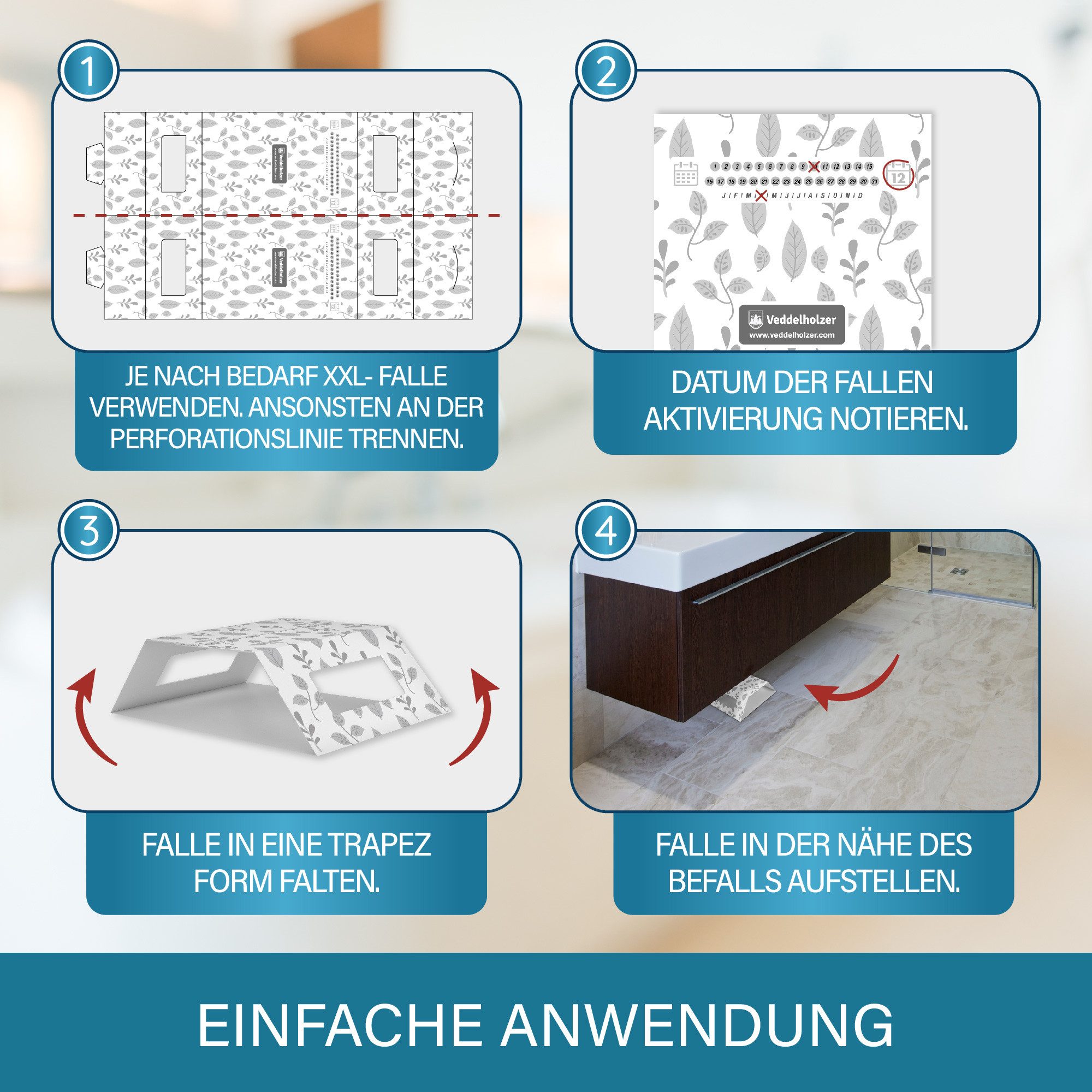 Veddelholzer Klebefalle XXL teilbare Silberfischfalle mit Köder Lockstoff 12 Stück Klebefallen, Silberfische & Papierfische bekämpfen Giftfrei