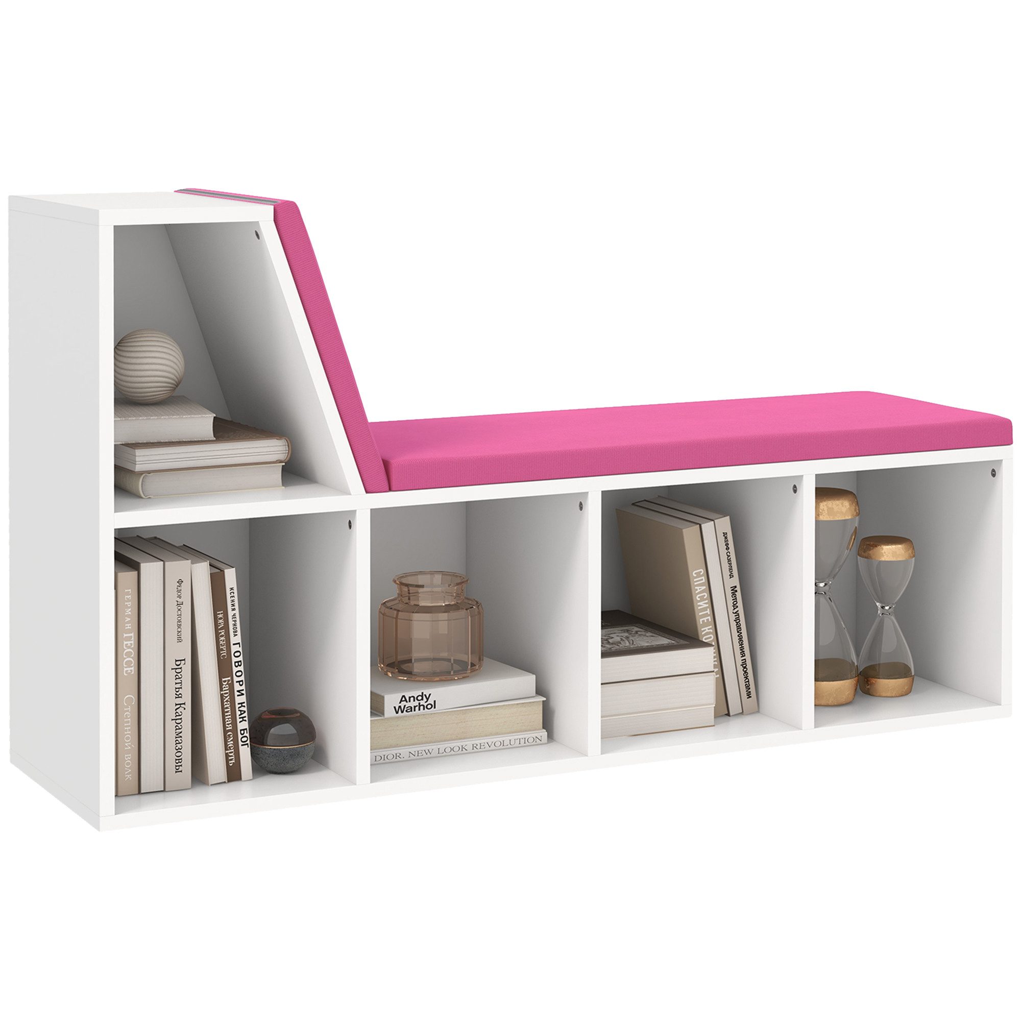 MC Star Bücherregal 2-in-1 Bücherregal/Bank mit 5 Staufächern und 2 Kissen, 108 x 30 x 60 cm, weiß und rosa