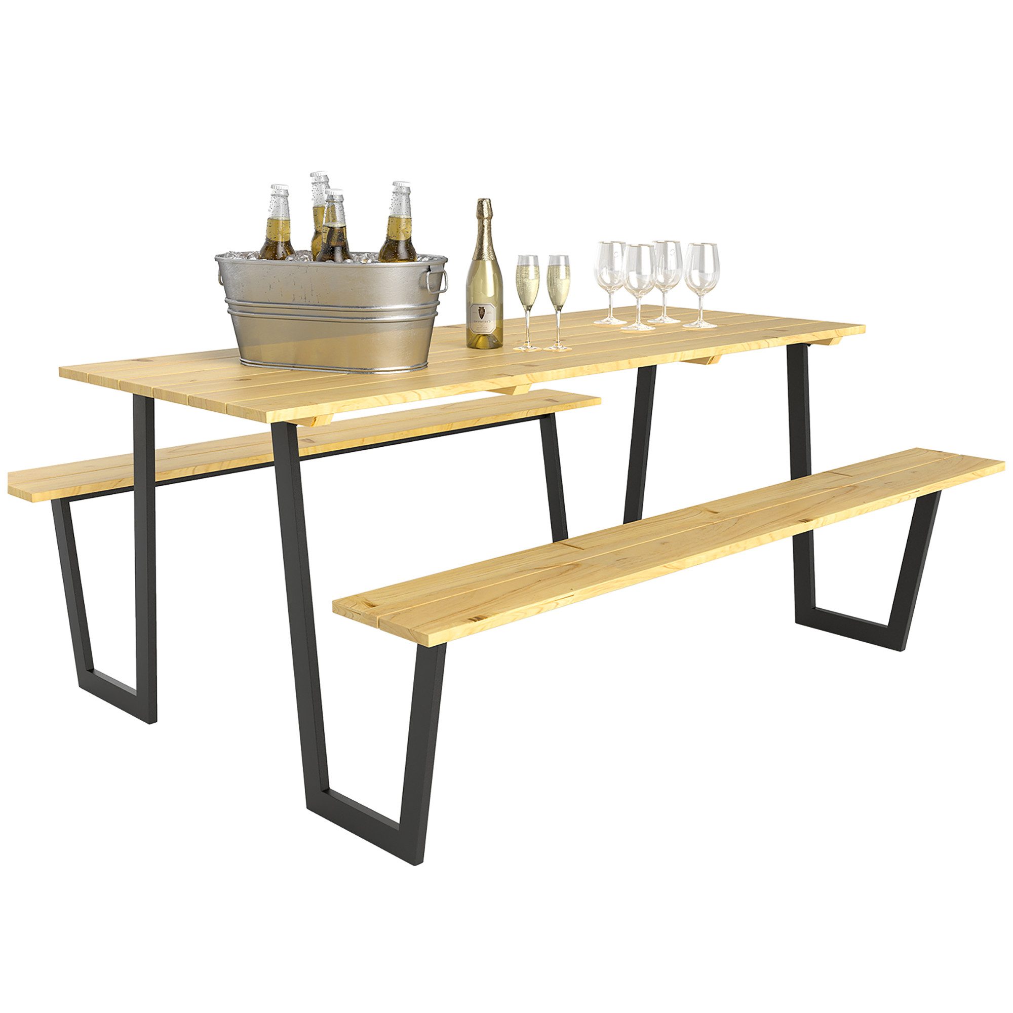Outsunny Sitzgruppe mit Schirmloch, Biertisch, 2 x Bierbank, (3-tlg., Bierzeltgarnitur aus Holz), für Balkon, Camping, Garten 175 x 148 x 78 cm Naturholz