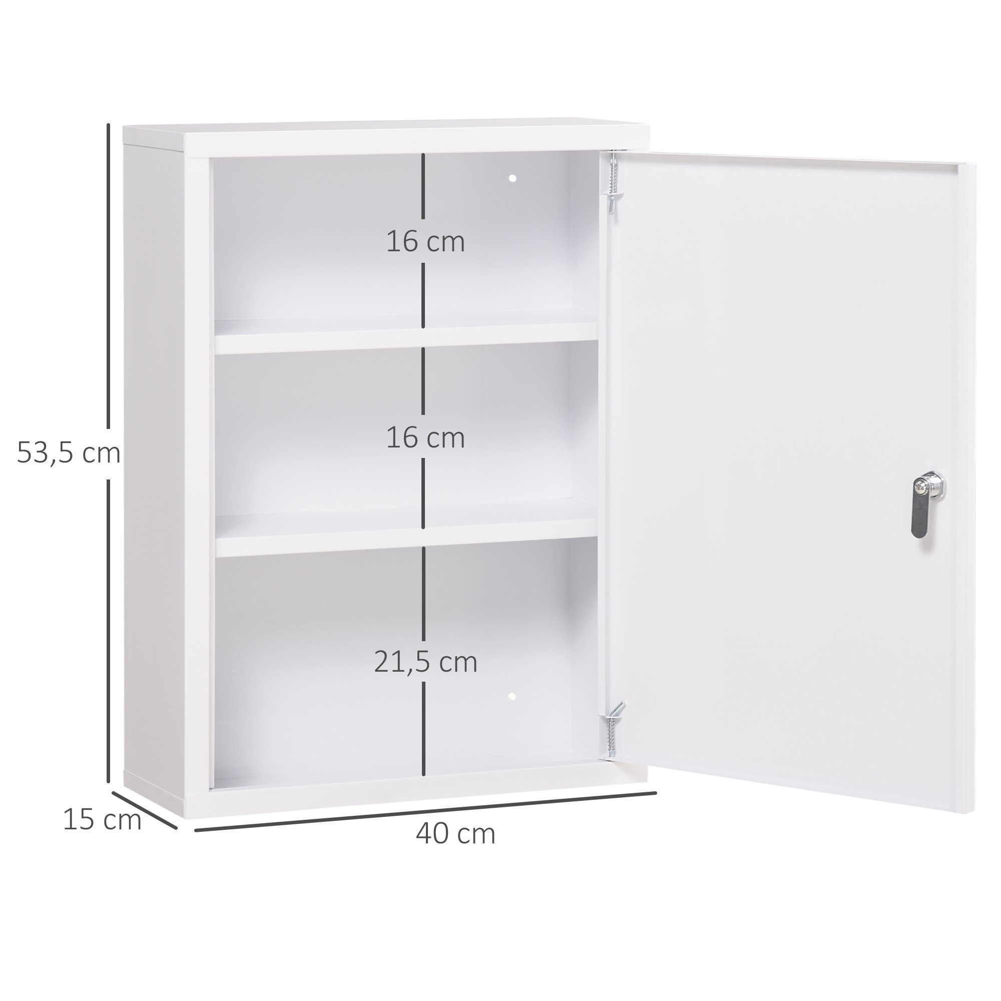 Kleankin Medizinschrank Apothekerschrank mit 3 Fächern (Erste Hilfe Schrank, 1-St., Medikamentenschrank) Stahl, Weiß, 40 x 15 x 53,5 cm