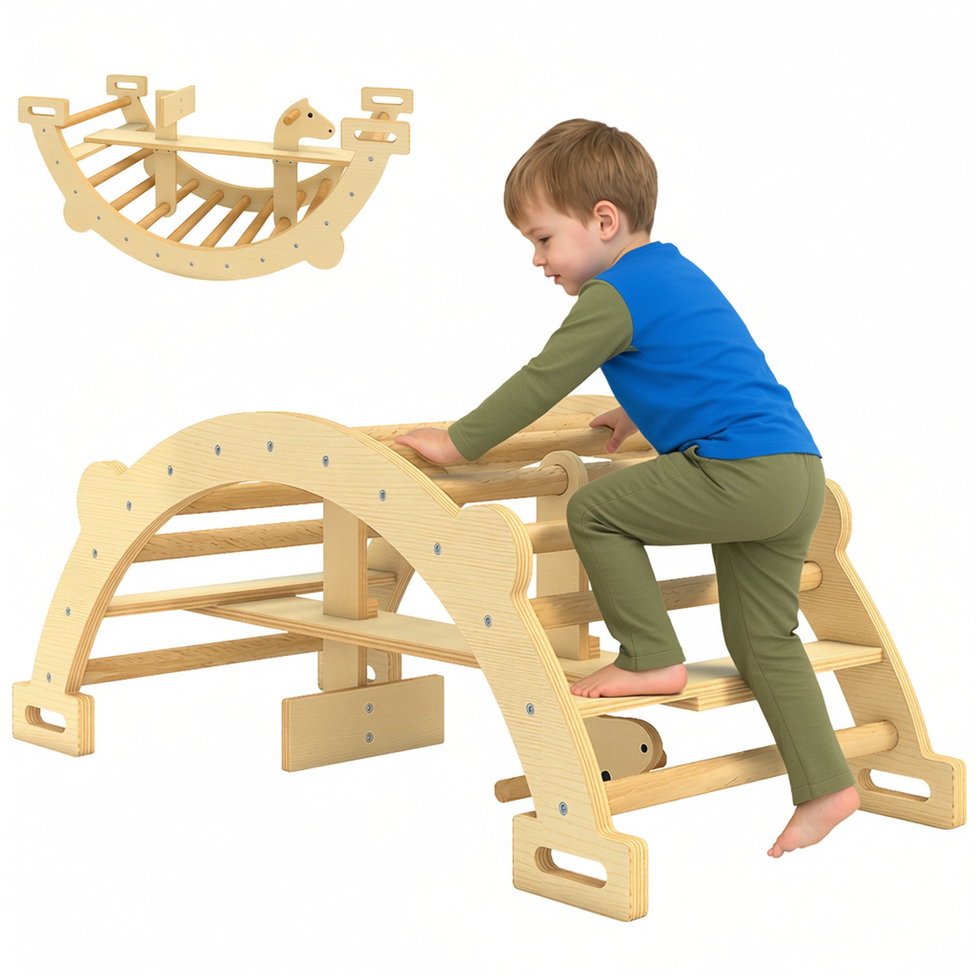 AIYAPLAY Klettergerüst Klettergerüst Indoor, 2 in 1 Kletterbogen & Schaukelpferd, (2 in 1 Kletterbogen, 1-St., Kletterspielzeug aus Holz), für Kinder 2-4 Jahre, Indoor, Naturholz