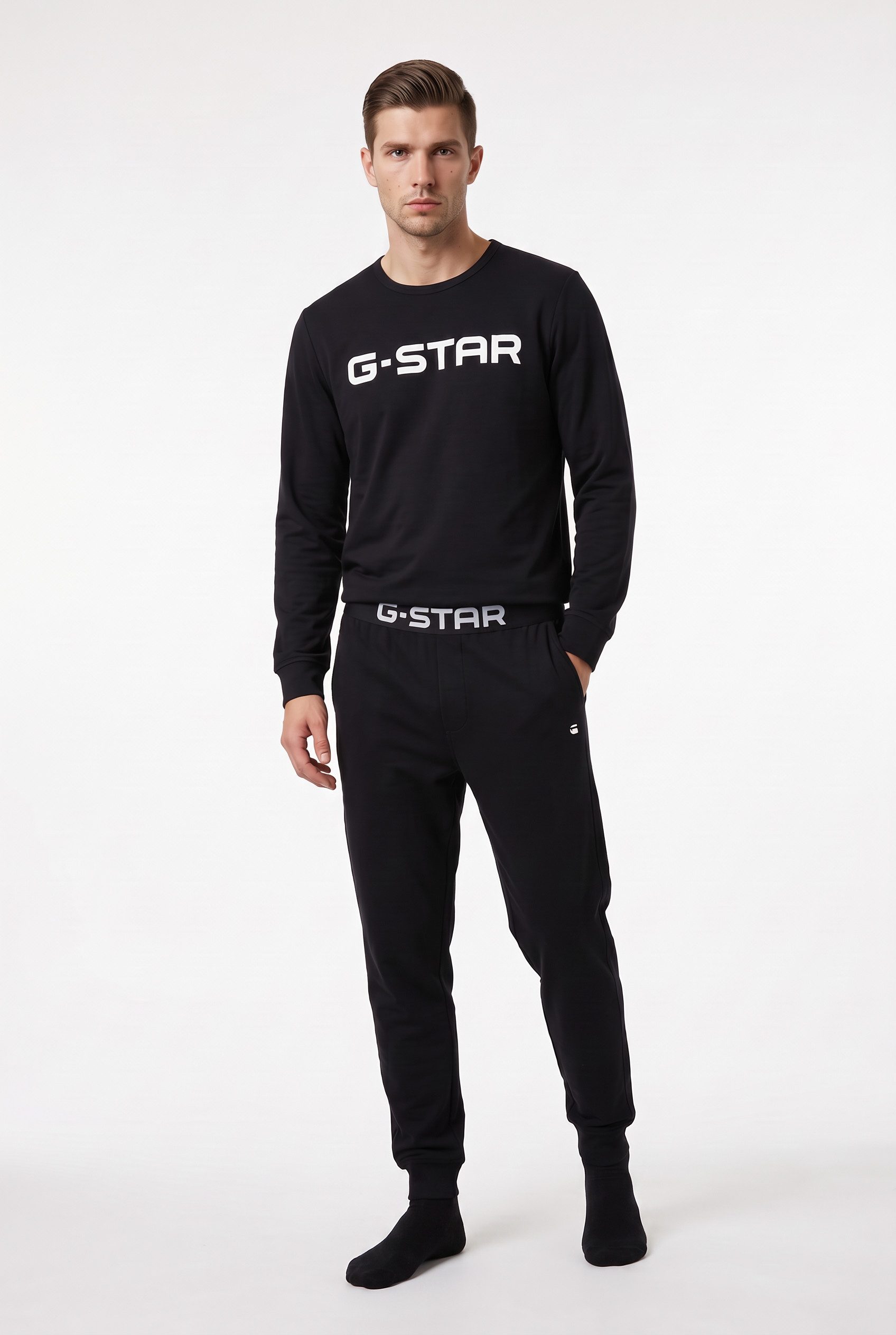 G-STAR Pyjama STONE, LONG SLEEVE T-SHIRT & CUFFED PANTS SLEEP SET (Set, 2 tlg) in elastischer Baumwoll-Qualität, Regular Fit