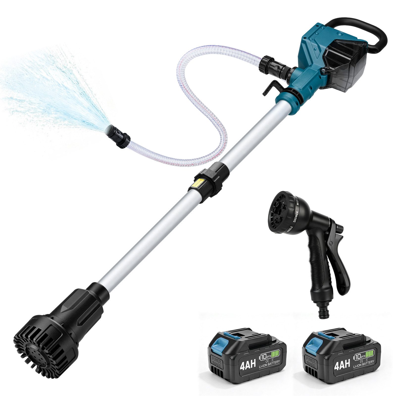 XIIW Akku-Gartenpumpe 15000RPM Akku Regenfasspumpe mit 2×4,0Ah Kabellose Stabwasserpumpe (10m Förderhöhe, Stab-Transferpumpe mit Gartensprühdüse & 2m Schlauch), für Pool/Garten/Teich/Wohnmobil/Boot
