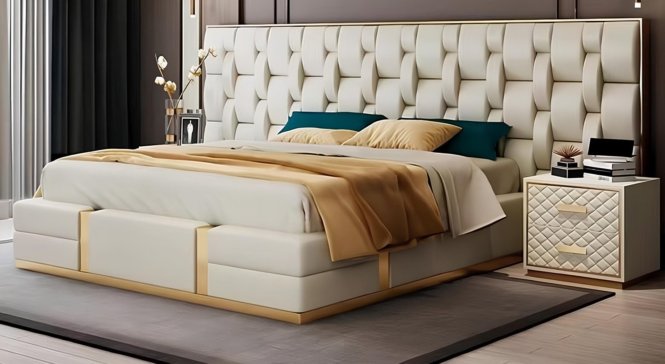 Xlmoebel Polsterbett Luxuriöses gepolstertes Doppelbett in edlem Beige (Doppelbett, Bett), Hergestellt in Europa