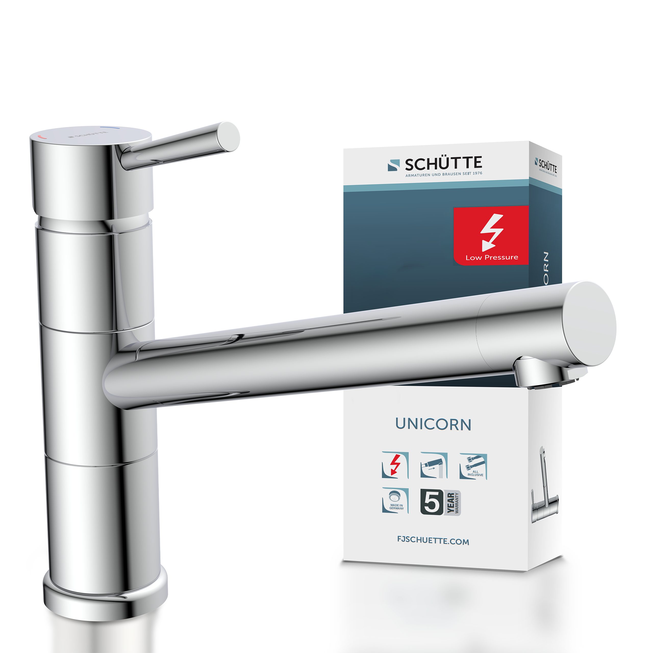 Schütte Spültischarmatur UNICORN Niederdruck Armatur Küche, 150° schwenkbar, Verbrühschutz Chrom