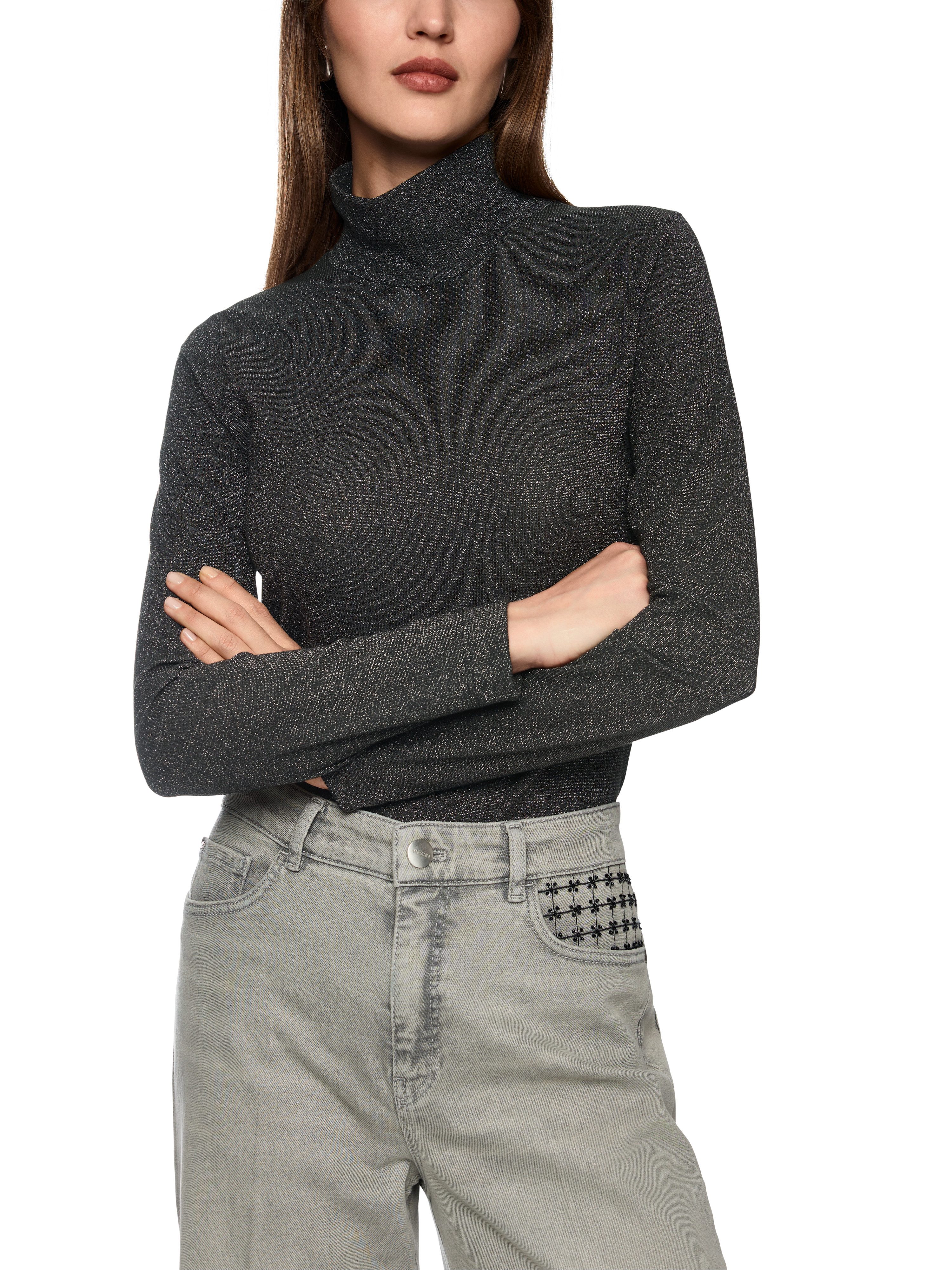 Marc Cain Longsleeve City Tours Premium Damenmode mit schimmerndem Lurexgarn, schmal geschnitten, Stehkragen