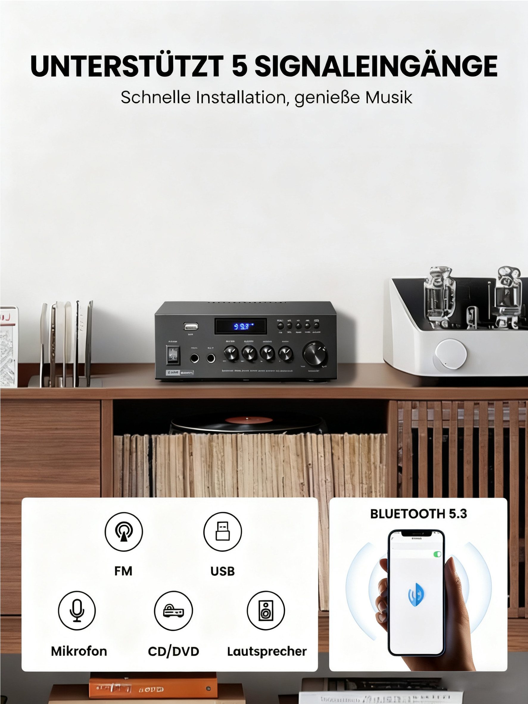Moukey Audioverstärker 2-Kana Stereo Verstärker mit Bluetooth, FM Verstärker (Anzahl Kanäle: 2, 300 W, Upgraded Fernbedienung, Individuelle Klangregelung) – Bild 4 von 5