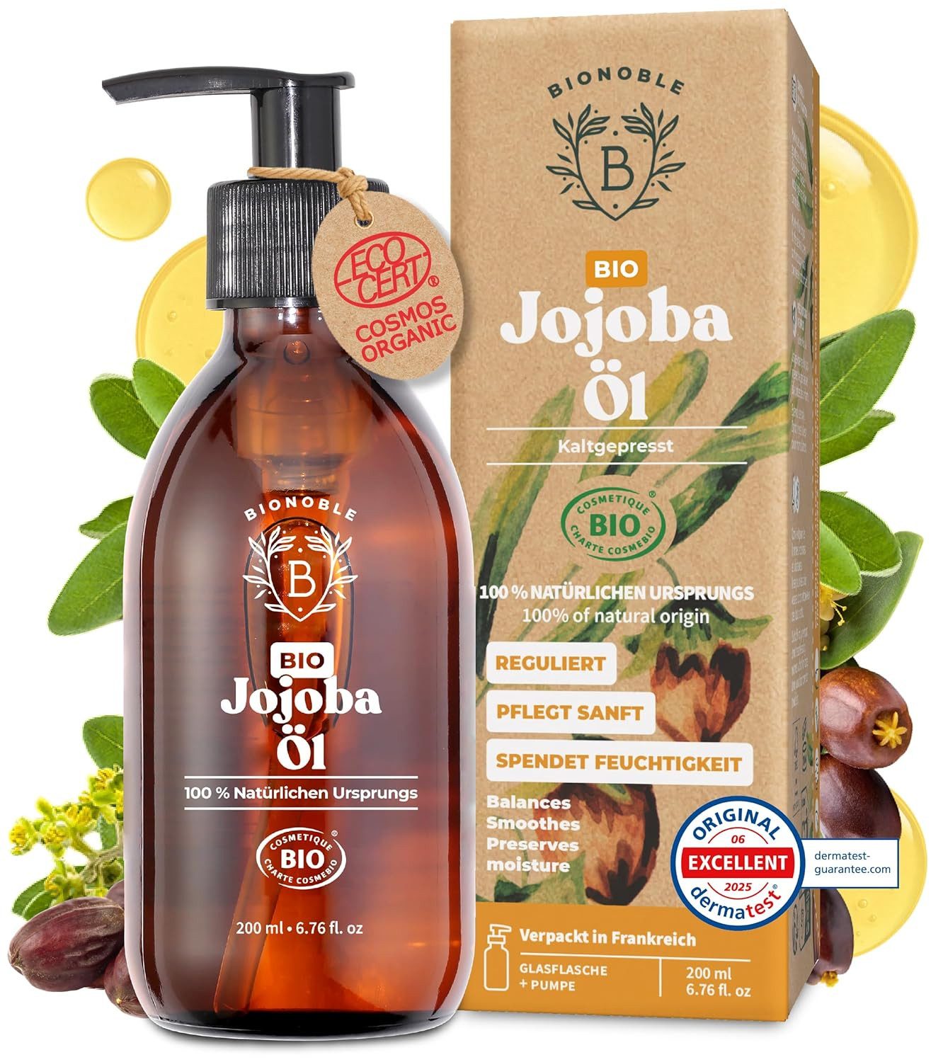 BIONOBLE Körperöl Jojobaöl Bio Kaltgepresst 100% Rein Vegan & tierversuchsfrei, Reguliert Sebum, Pflegt Sanft, Anti-Pickel - Jojobaöl Haare