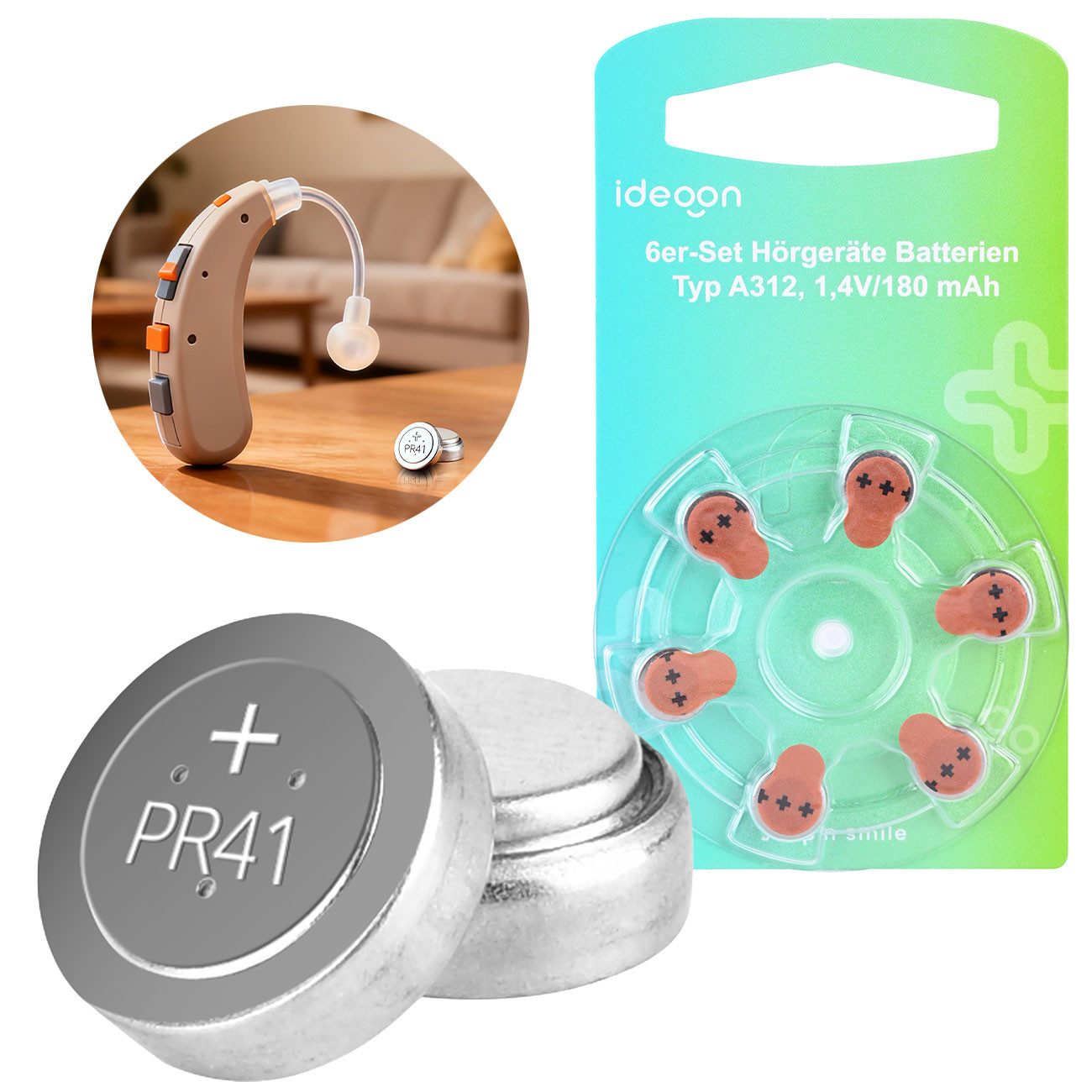 shop'n smile ideoon Hörgeräte-Batterien 312 Braun 1,4V 180mAh Knopfzellen 6/12/24 St. Knopfzelle, 1,45V Knopfzellen, 180 mAh, braune Kennzeichnung, Ø7,9 × H3,6 mm
