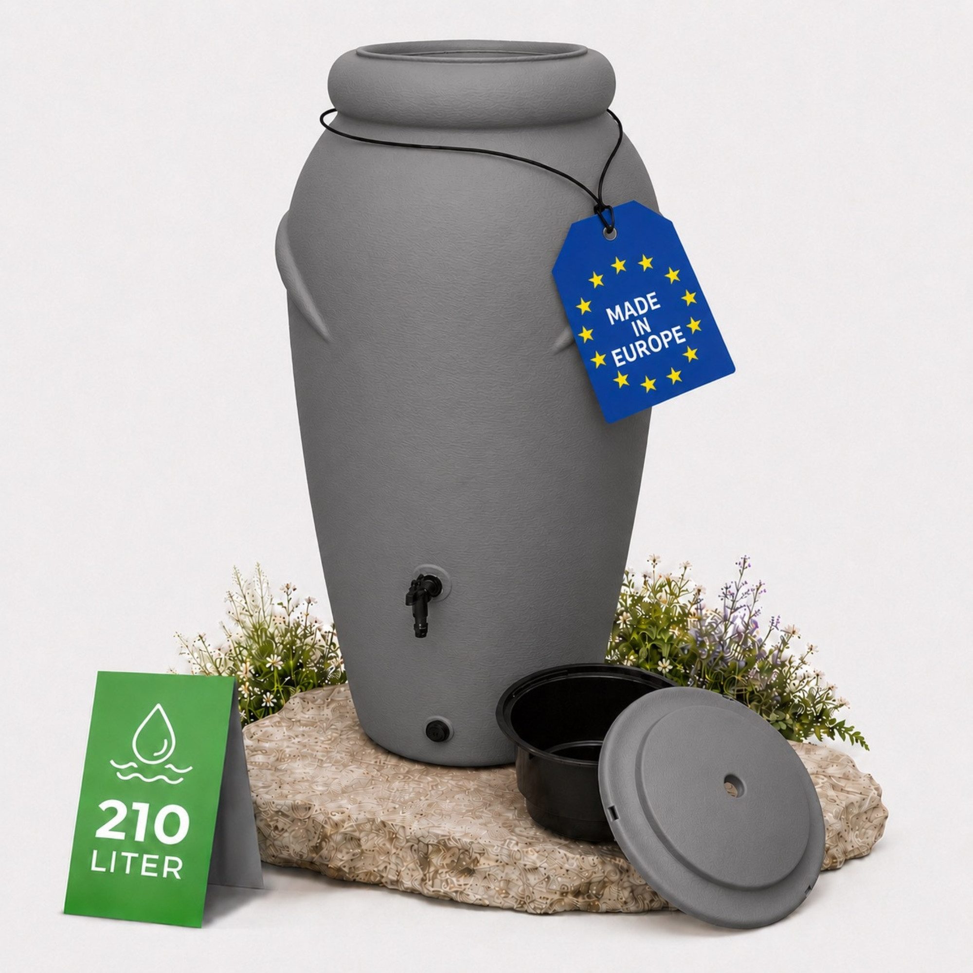 YourCasa Regentonne 210 Liter [Amphore Design] Regenfass aus Kunststoff mit Wasserhahn, Bepflanzbar, 210L, Wasserhahn, Deckel, Regenwassertonne