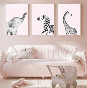TPFLiving Kunstdruck (OHNE RAHMEN) Poster - Leinwand - Wandbild, Elefant, Giraffe, Zebra - Für Kinderzimmer - Auch im 3er Set (Mädchenzimmer, Babyzimmer, Jungenzimmer, Kindergarten), Farben: Pastel, schwarz, weiß, grau, rosa - Größe: 10x15cm