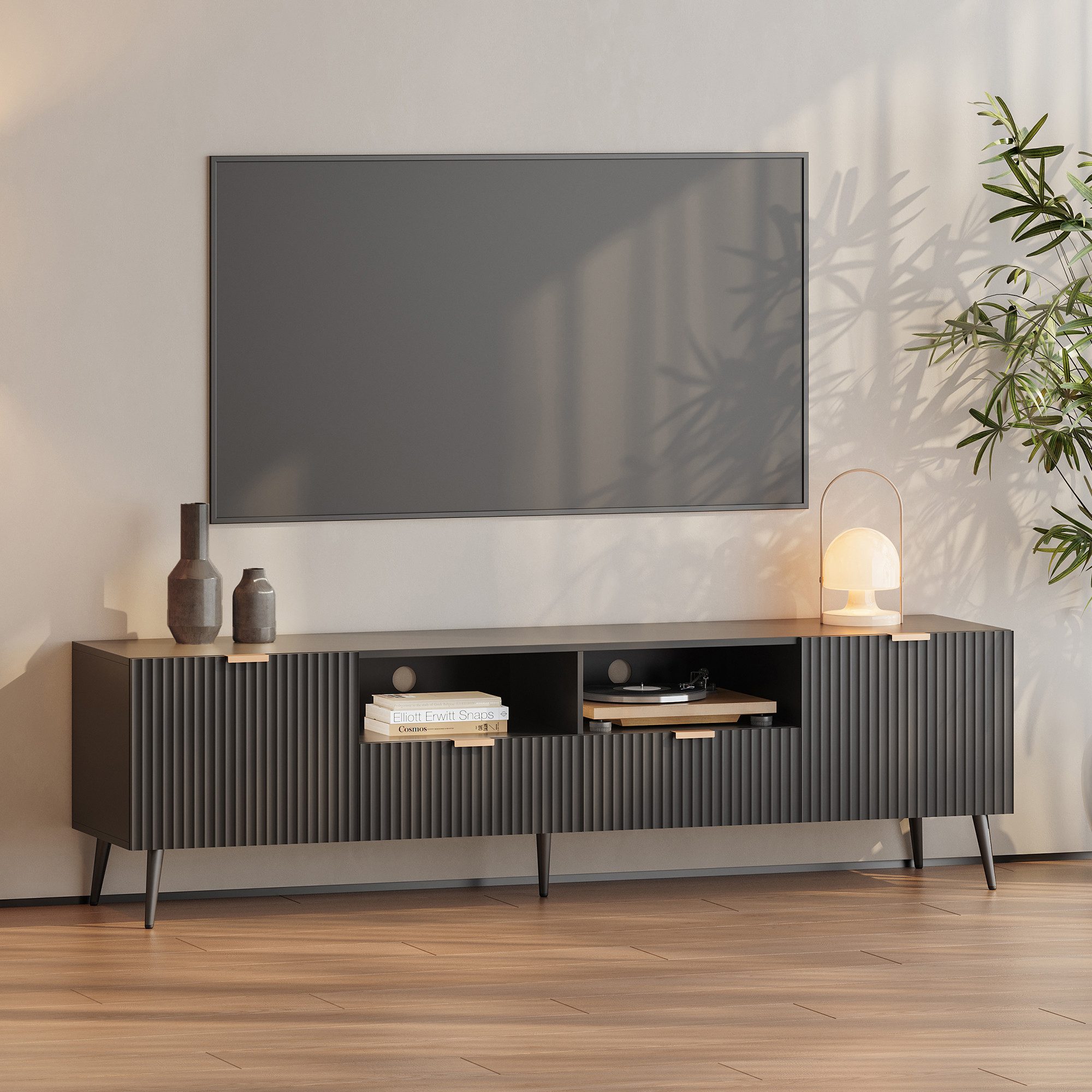 en.casa TV-Schrank »Nand« mit 2 Türen geriffelt 180 x 40 x 51 cm Schwarz