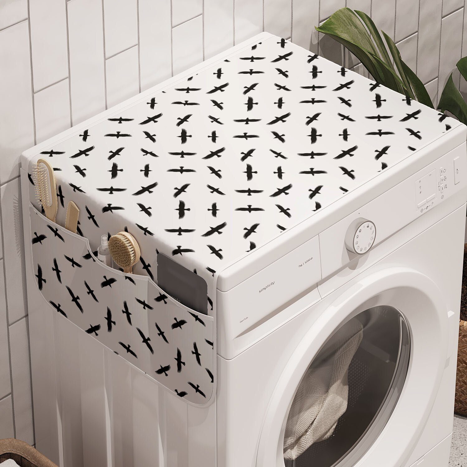 Abakuhaus Badorganizer Anti-Rutsch-Stoffabdeckung für Waschmaschine und Trockner, Schwarze Krähe Minimal Flying Birds