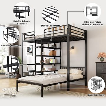 Flieks Etagenbett, Metallbett Kinderbett 90x200cm mit Leiter, Schreibtisch und Regalen