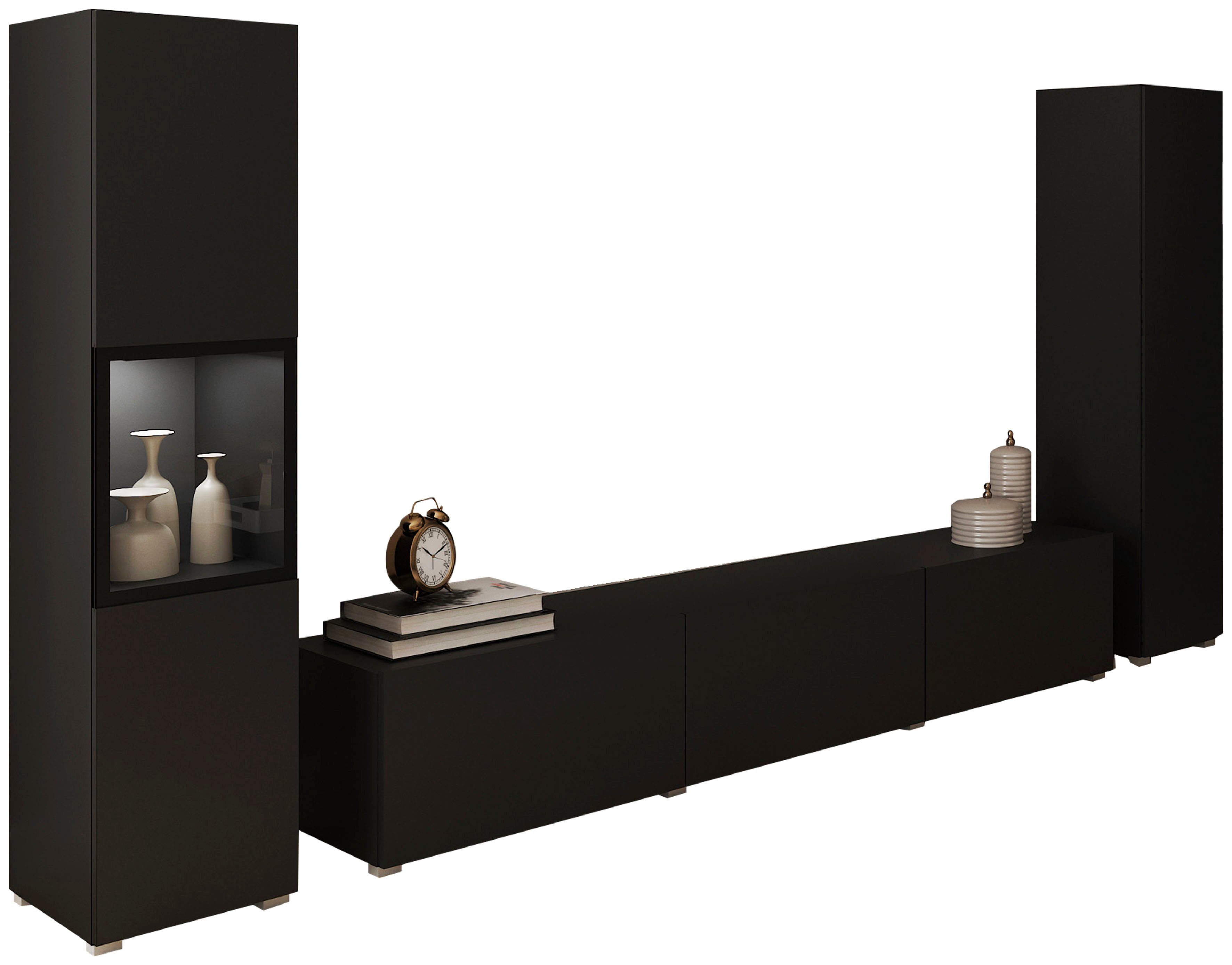 Home affaire Wohnwand BERLIN III, Vitrine Türschlag links/rechts wechselbar, (Komplett-Set, 3-St), moderne grifflose Mediawand Breite 260 cm, Vitrine mit Verglasung
