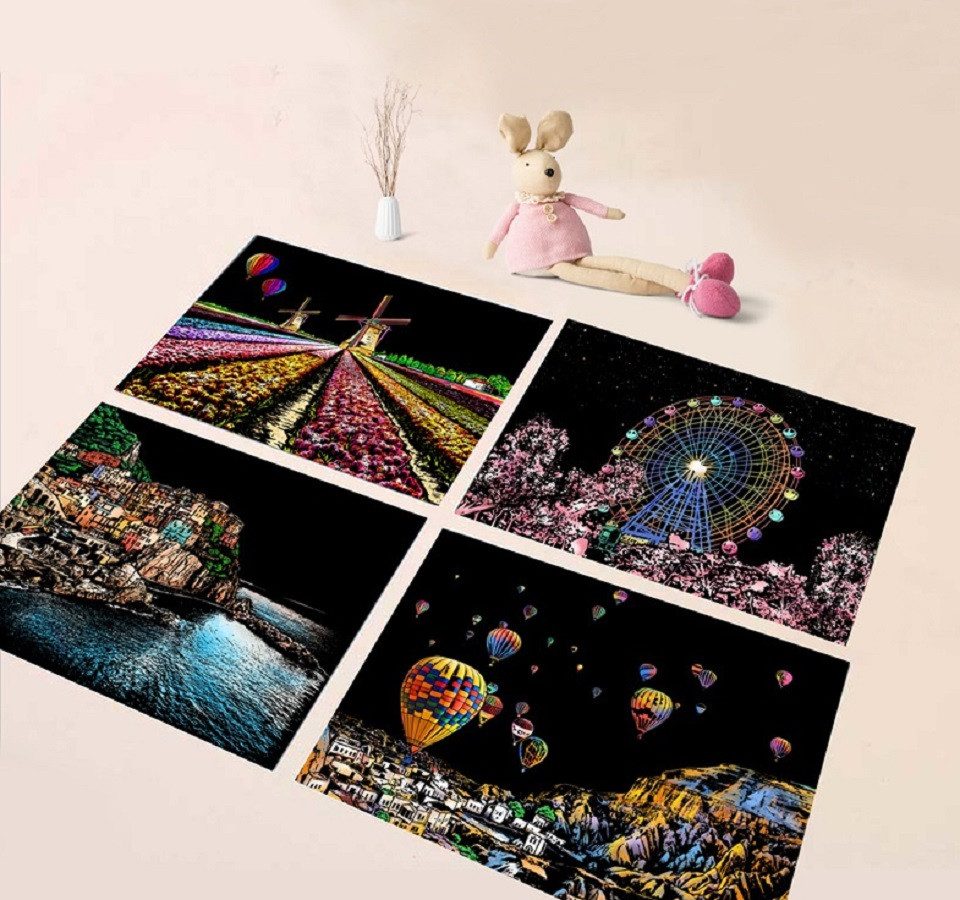 101DIYStudio Kreativset Kratzbilder A4 Scratch Card mit Landschaften 4er Set, (Geschenk zu Geburtstag, Weihnachten)