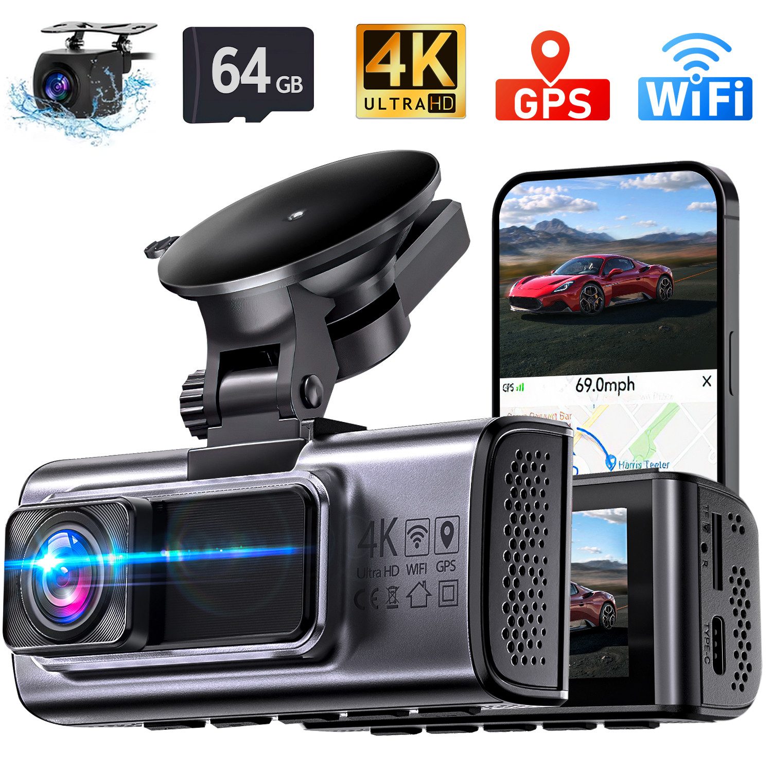 ibettertec Dashcam Auto,2-Kanal 4K+1080P Autokamera,Mit GPS 3.16 Zoll-Bildschirm Dashcam (4K Ultra HD, WLAN(Wi-Fi), Zeitrafermodus, Zeitrafermodus, App-Steuerung Autokamera,140°Ultraweitwinkel, Super Nachtsicht, Autokamera,G-Sensor, Loop-Aufnahme,WDR)