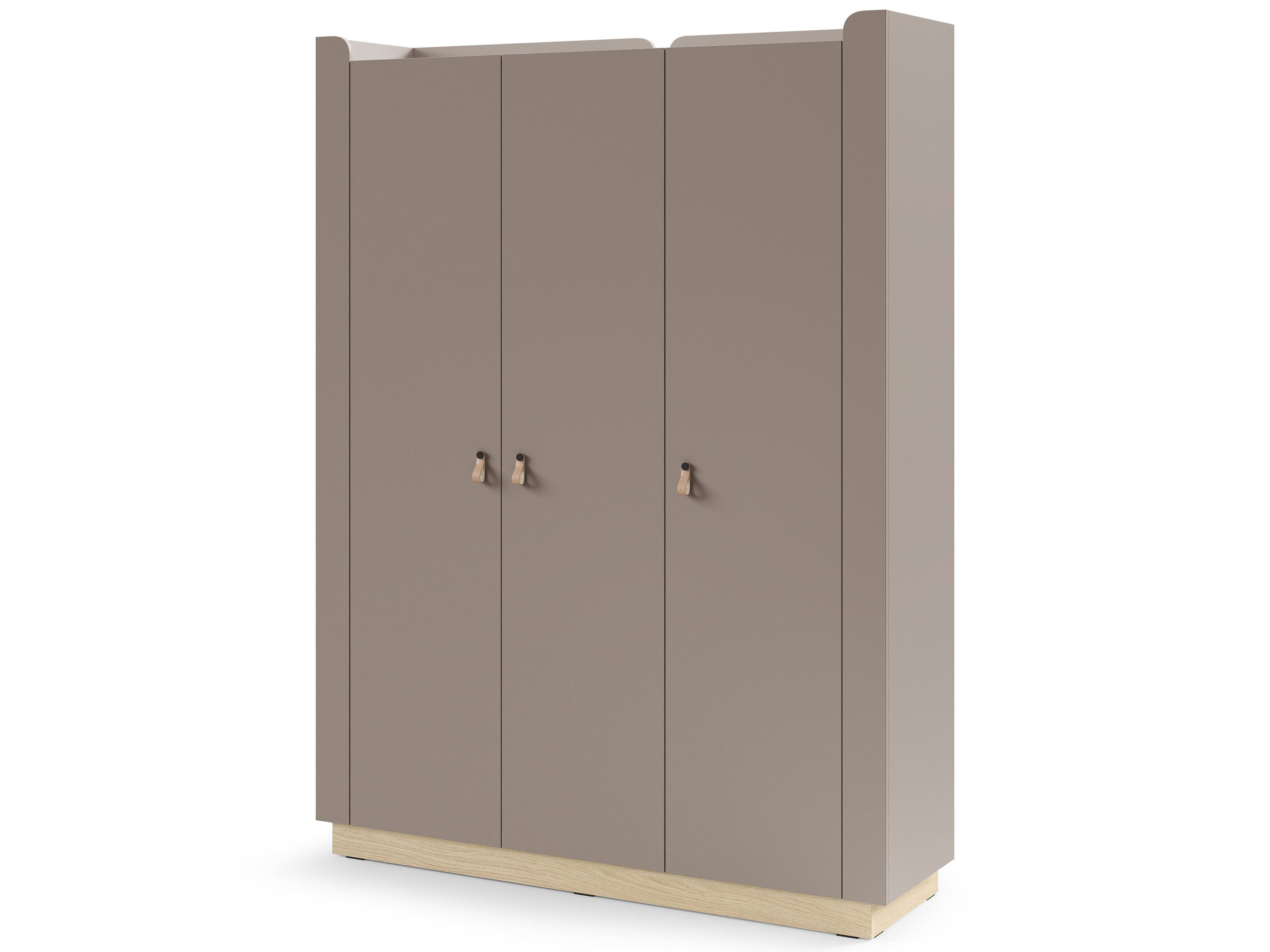 Beautysofa Kleiderschrank SORELLA 3-türig, 150 cm (moderner Garderobenschrank mit Kleiderstange und Einlegeböden, Schlafzimmerschrank mit Designergriffen aus Leder) Porcini oder Macadamia mit Eiche Mavelie
