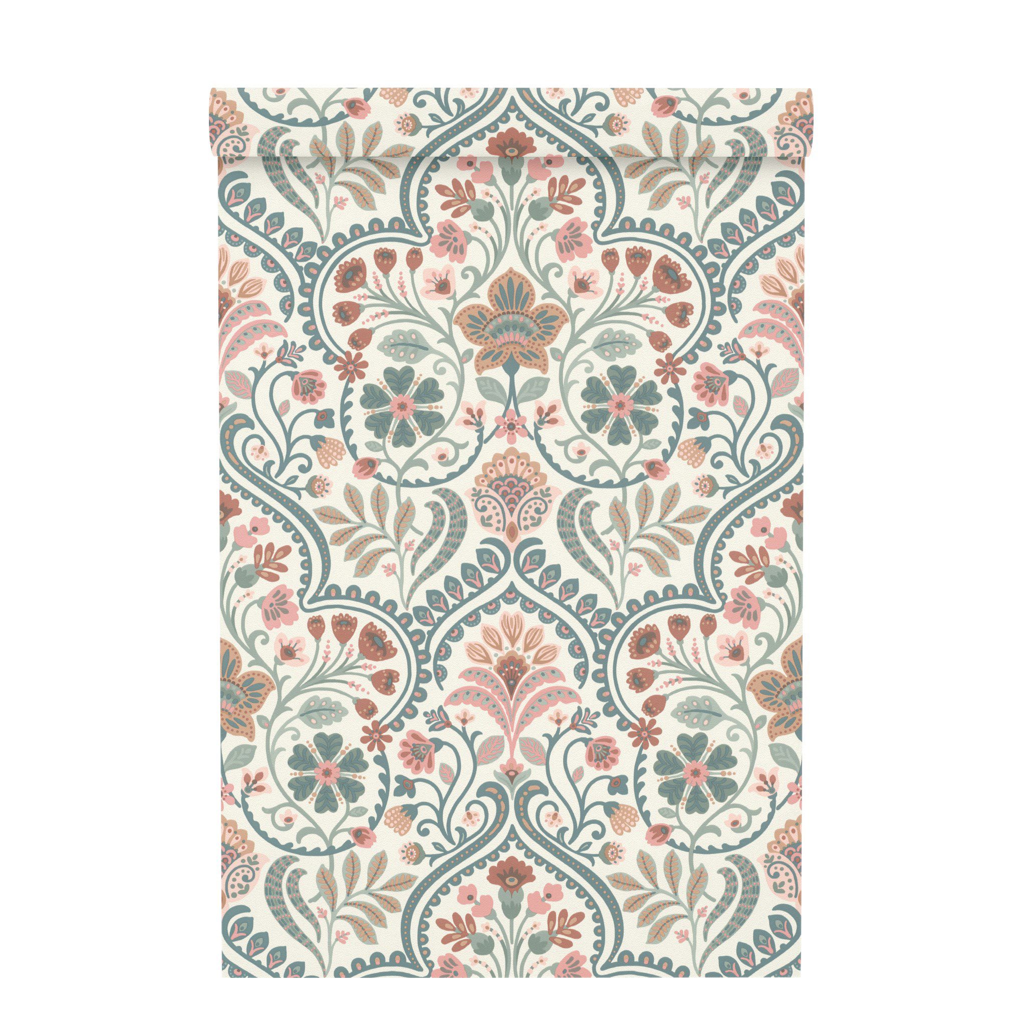 Rasch Vliestapete Blumen & Blätter - Vinyltapete Weiß Blau Rosa, floral, (1 Rolle, 1 St., 10,05 m x 0,53 m), Lichtbeständige Farben - Feucht abwischbar - Restlost abziehbar