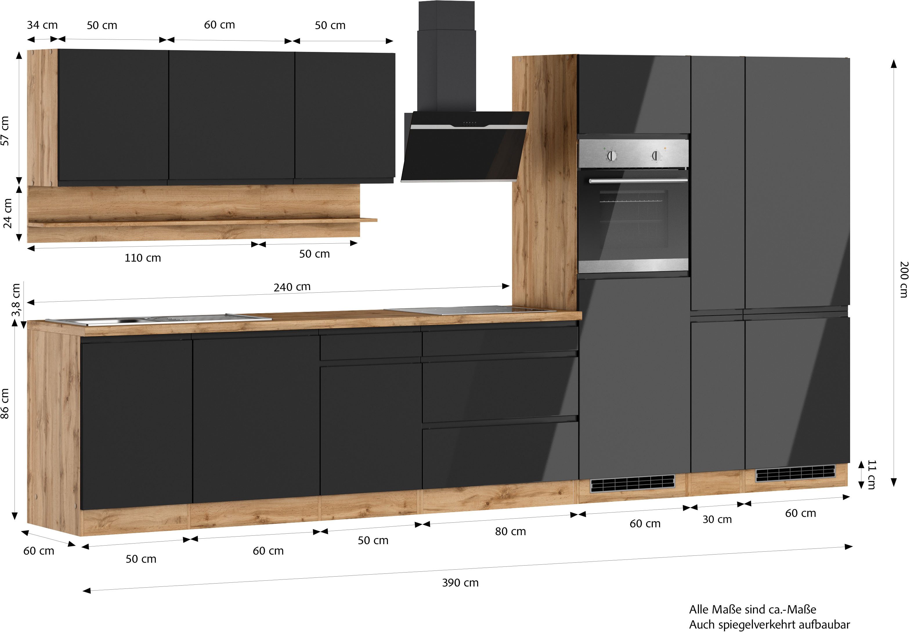 KOCHSTATION Küchenzeile KS-Virginia,neu in verbesserter Ausführung, Breite 390 cm, Soft-Close, mit Glaskeramik-oder Induktionskochfeld