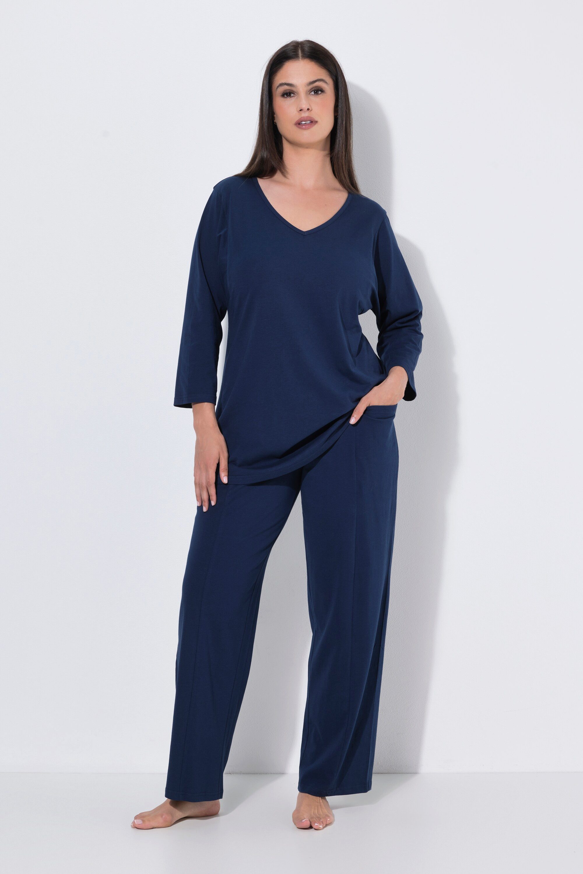 Ulla Popken Pyjama Pyjama Ziernähte V-Ausschnitt 3/4-Arm