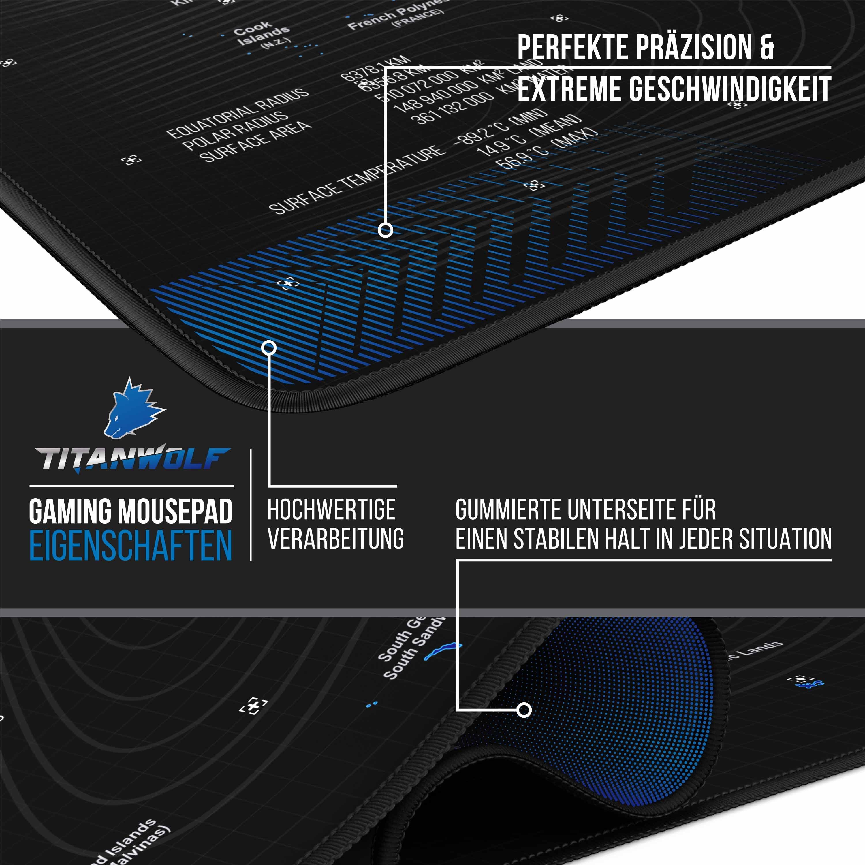 Titanwolf Gaming Mauspad XXL Speed Mousepad 900 x 400 x 3 mm, große Tischunterlage (1-St), rutschfest, abwaschbar, Geschwindigkeit & Präzision, Welktarte blau – Bild 5 von 5