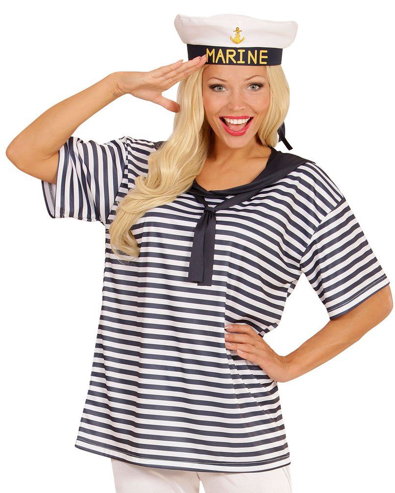 Karneval-Klamotten Kostüm Matrosin Damen Matrose T Shirt mit Matrosenmütze, blau-weiß gestreiftes Oberteil mit Mütze und Kragen