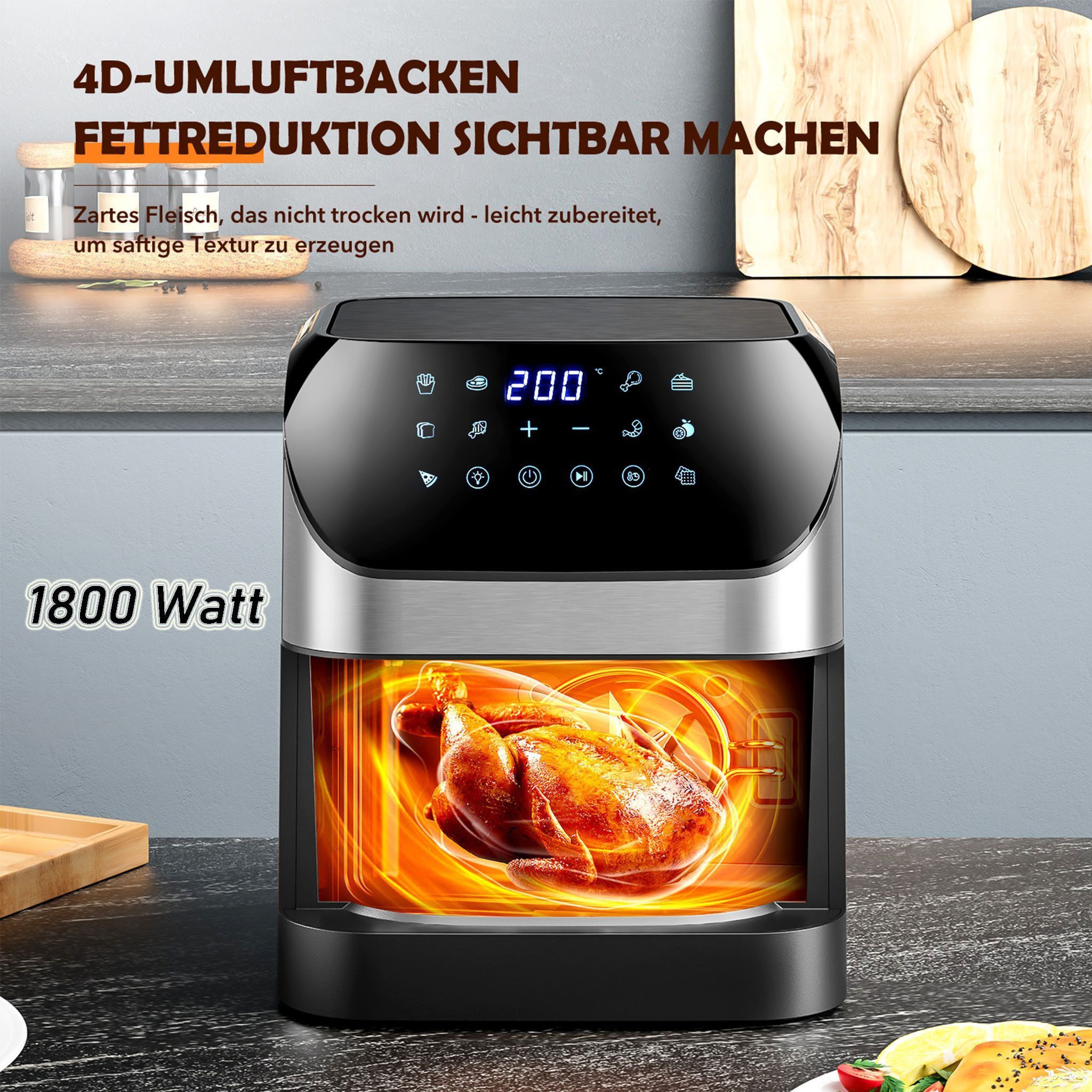 oyajia Heißluftfritteuse Heißluftfritteuse XXL 8L mit Sichtfenster, Friteuse ohne Öl 80°C-200°C, 1800 W, Airfryer mit 10 Programmen, Beleuchtung, Timer und Touc – Bild 4 von 5