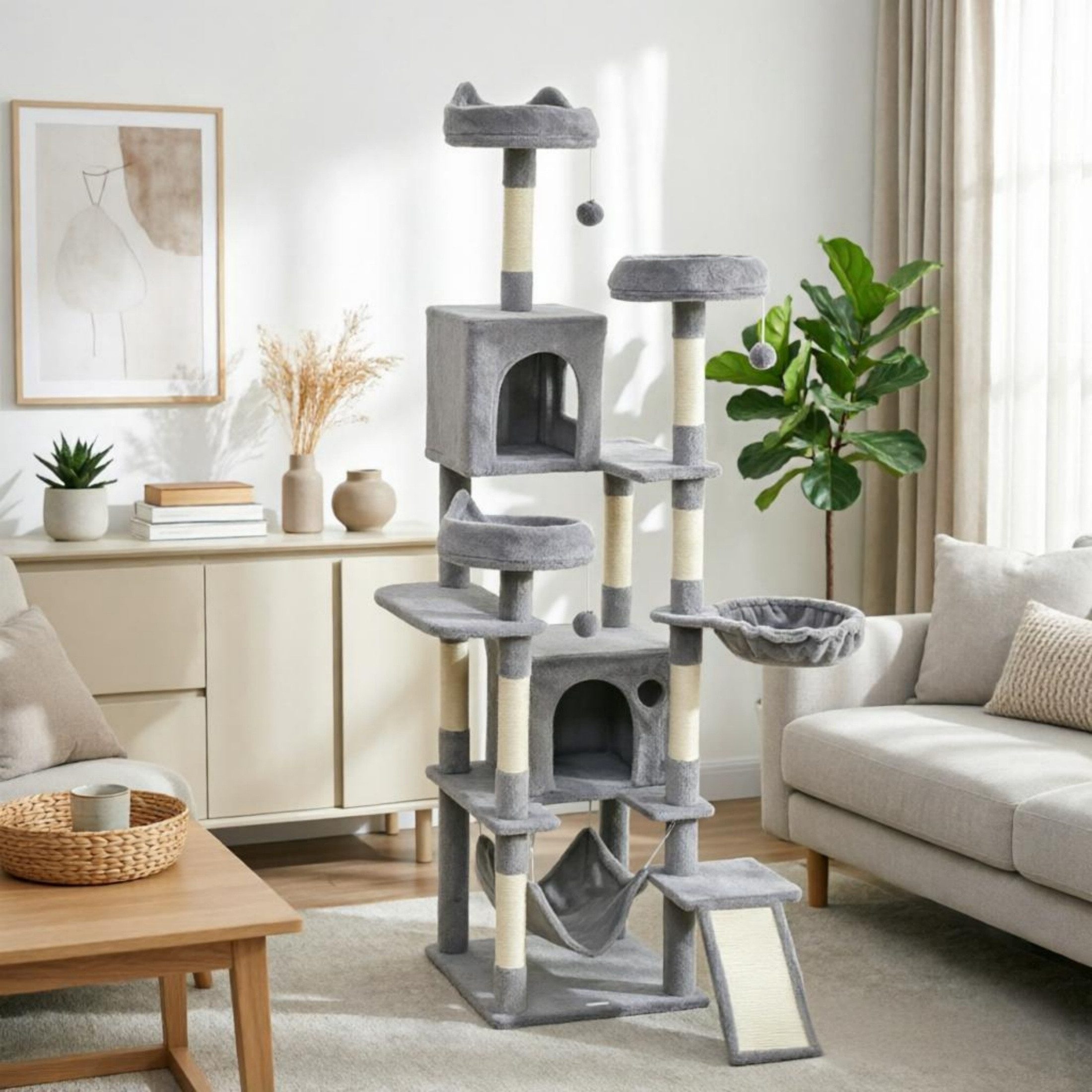 Blossom Kratzbaum Katzenbaum 192 cm hoch, Kratzbaum für Mehrere Katzen mit Sisalstämmen, mit Kratzbrett Plattformen, Kuschelhöhlen, Hängematten & Spielbällen