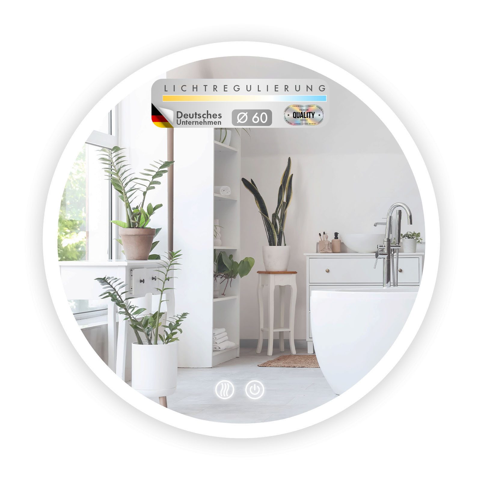 Floordirekt Badspiegel Liora, rundum LED Beleuchtung, Antibeschlag & 3 wählbare Lichtfarben (2 Touch-Schalter, 1-St., 60cm Duchmesser), Stufenlos dimmbare Helligkeit in Warm-, Neutral- & Kaltweiß