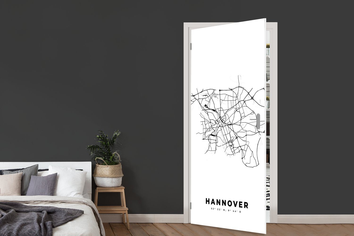 Tür, (1 - 75x205 Stadtplan Hannover Türaufkleber, - und St), MuchoWow Türtapete weiß, Fototapete - bedruckt, Schwarz cm Karte Matt, Deutschland für -