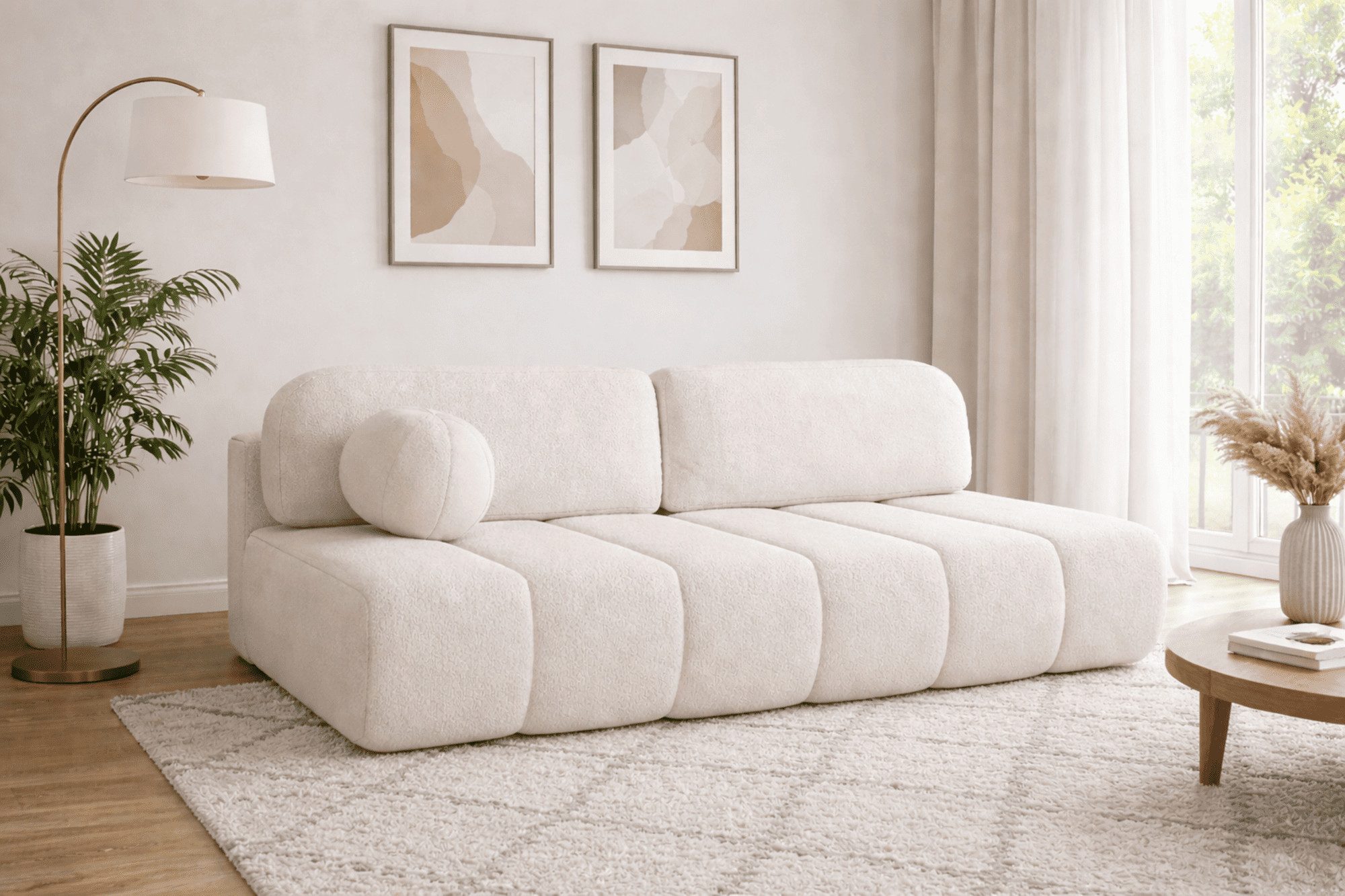 MOEBLO Sofa Fluffy aus Bouclé, Bequemes Sofa mit Schlaffunktion und Stauraum, Stilvollem Bouclé-Bezug, Couch Polstermöbel Sitzmöbel Wohnzimmermöbel 3-Sitzer-Sofa Stoffsofa, mit Relaxfunktion (BxHxT):210x88x104 cm