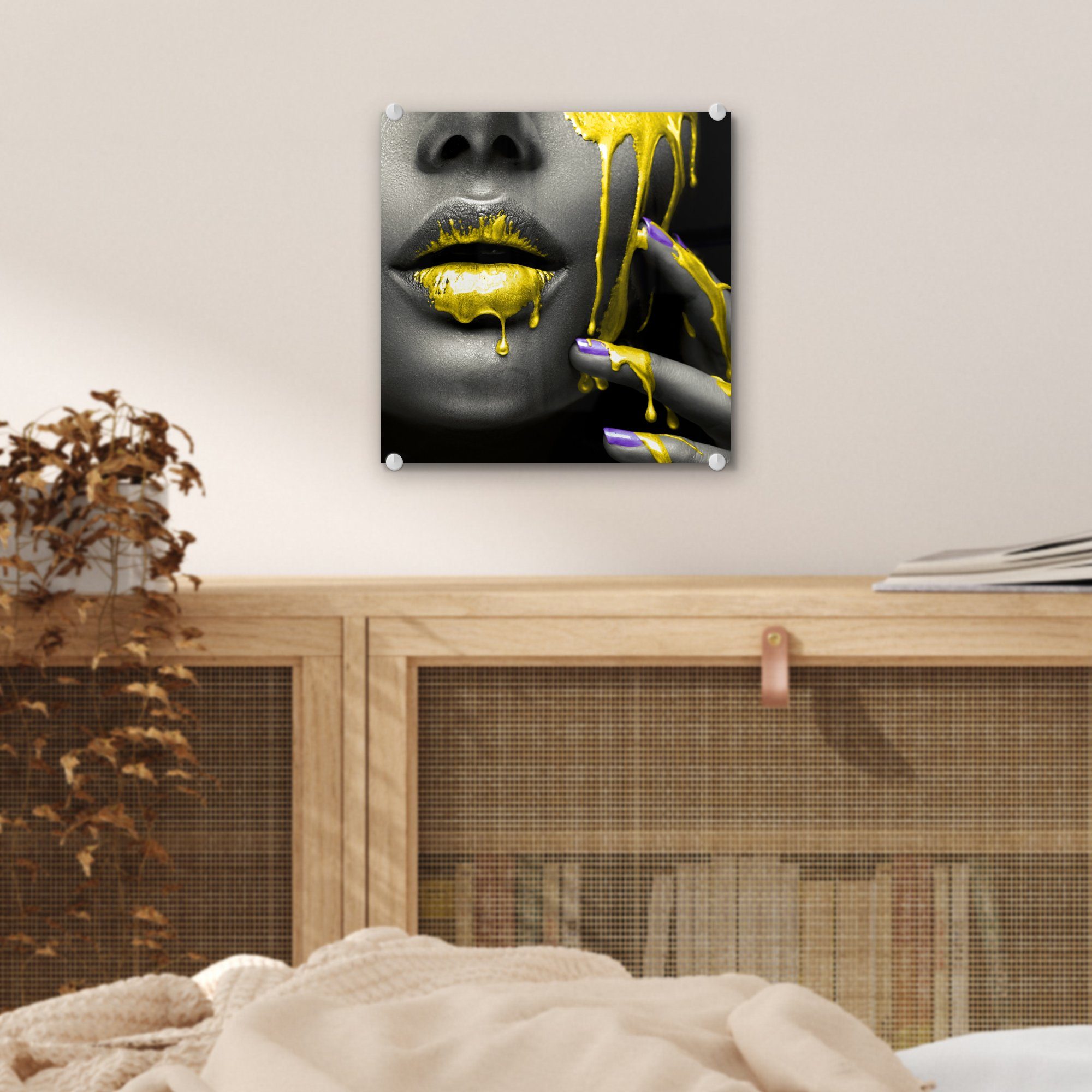 - Lippen - - Glasbilder - auf Foto Bilder bunt Glas Wandbild Gelb MuchoWow (1 Wanddekoration St), Schwarz, - Glas auf Acrylglasbild