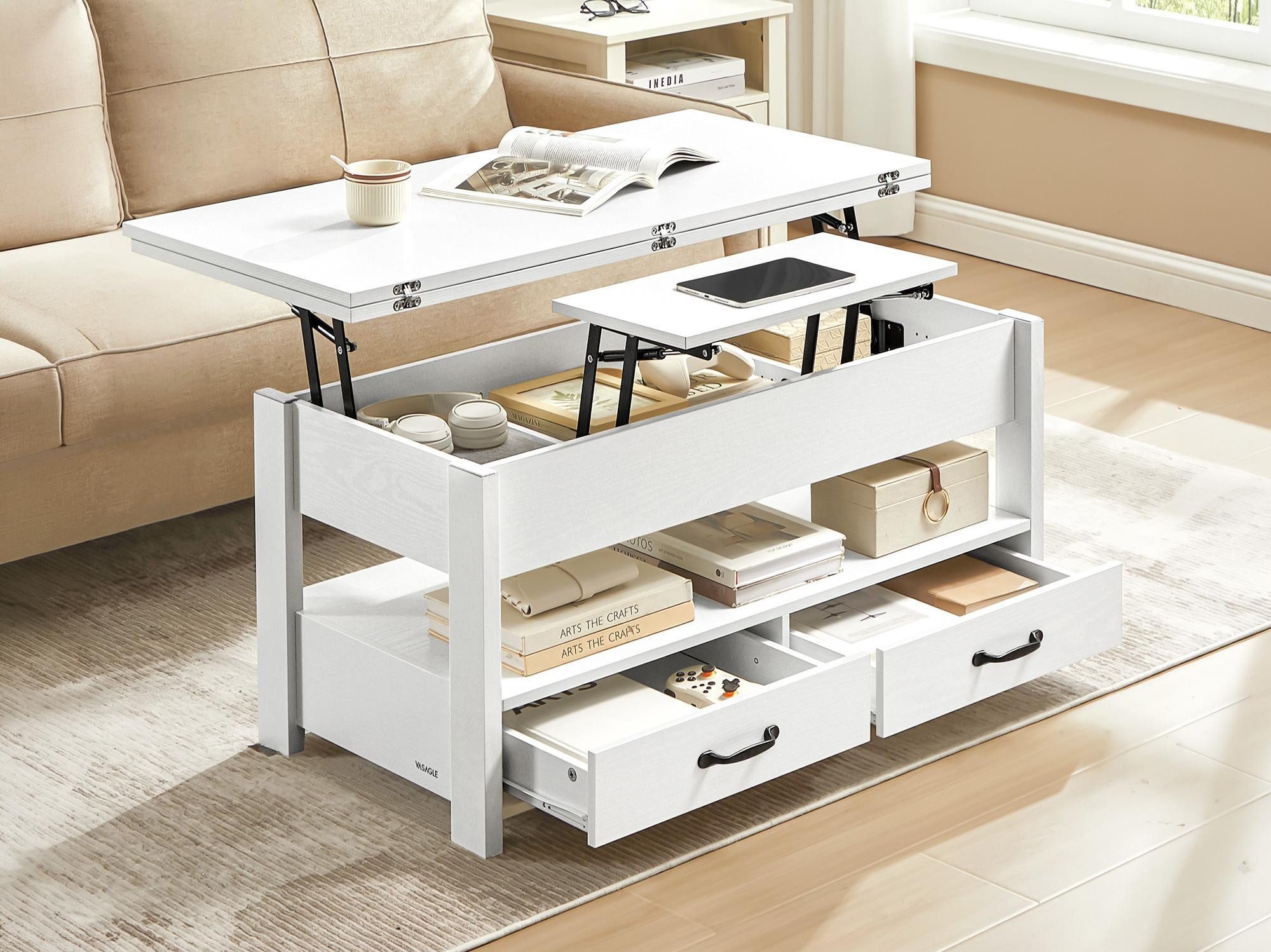 VASAGLE Couchtisch höhenverstellbar mit 2 hochklappbaren Tischplatten, Stauraum (multifunktional, inkl. Zubehörpaket & Anleitung), 2 Schubladen und Ablage, Wohnzimmertisch, weiß