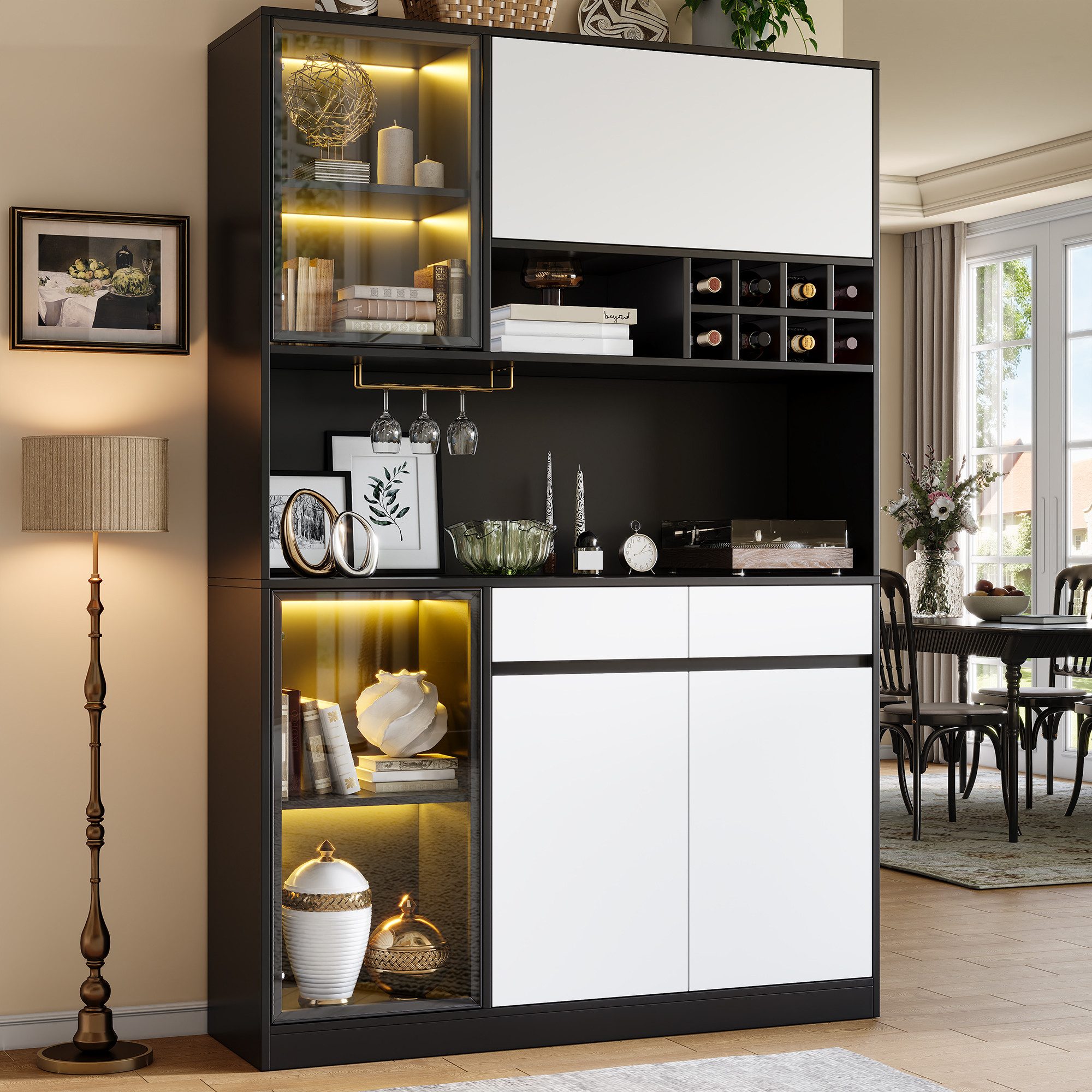 Merax Hochschrank mit LED-Beleuchtung, Aufbewahrungsschrank Buffetschrank (1-St) Vitrine mit Glastüren, Weinregal, Schubladen & Stauraum, …